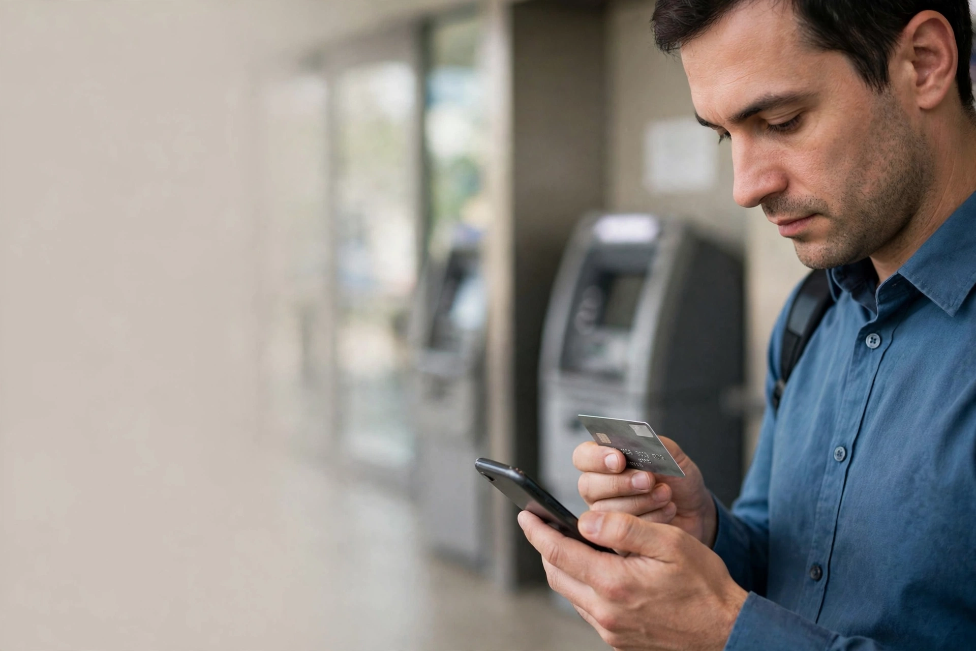 Homem verifica uma cobrança recorrente de assinatura no celular ao lado de um caixa eletrônico.
