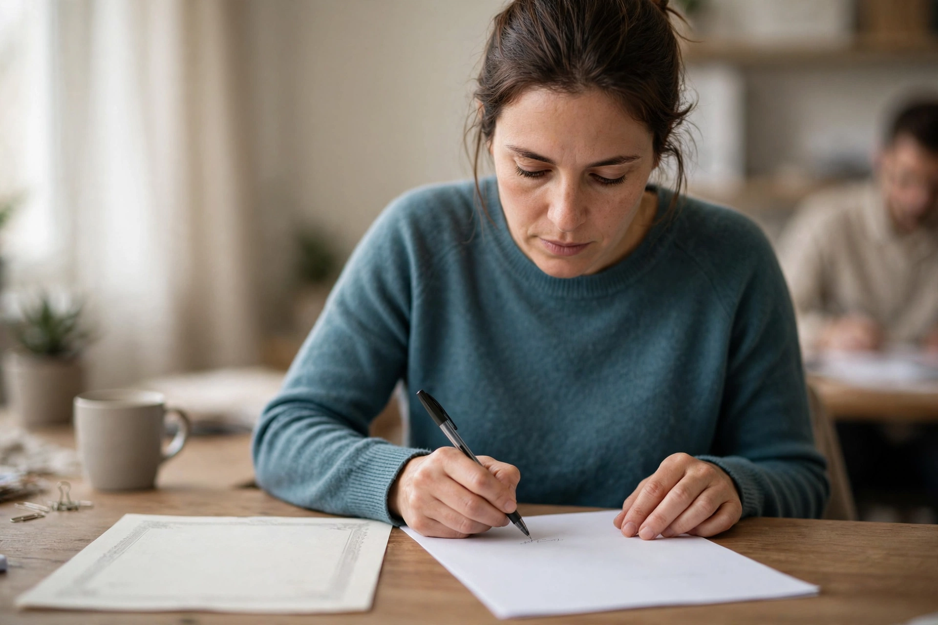 Tradutora revisa a tradução impressa de um diploma ao lado do documento original.