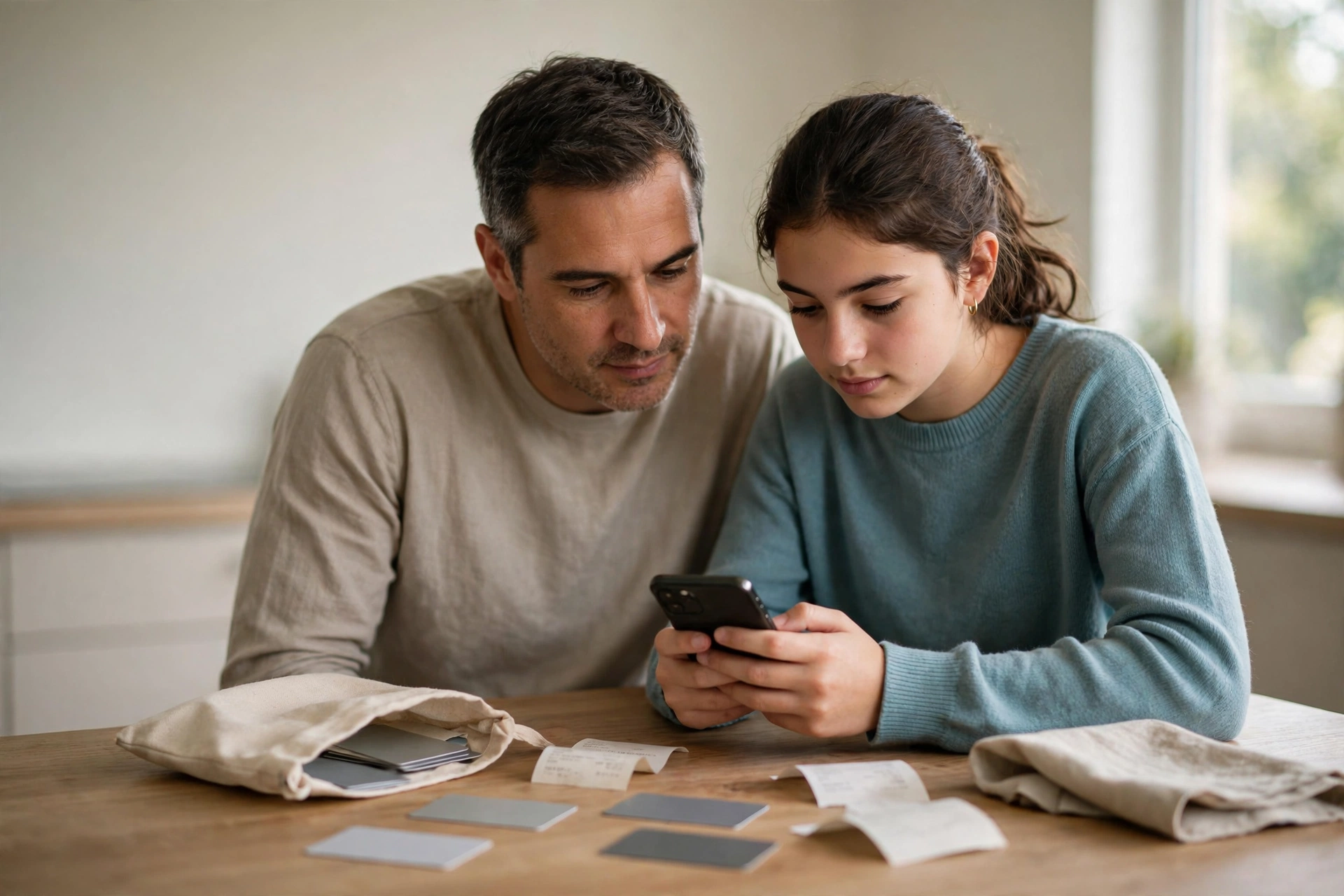 Pai e filha conferem uma confirmação de pagamento no celular junto de recibos.