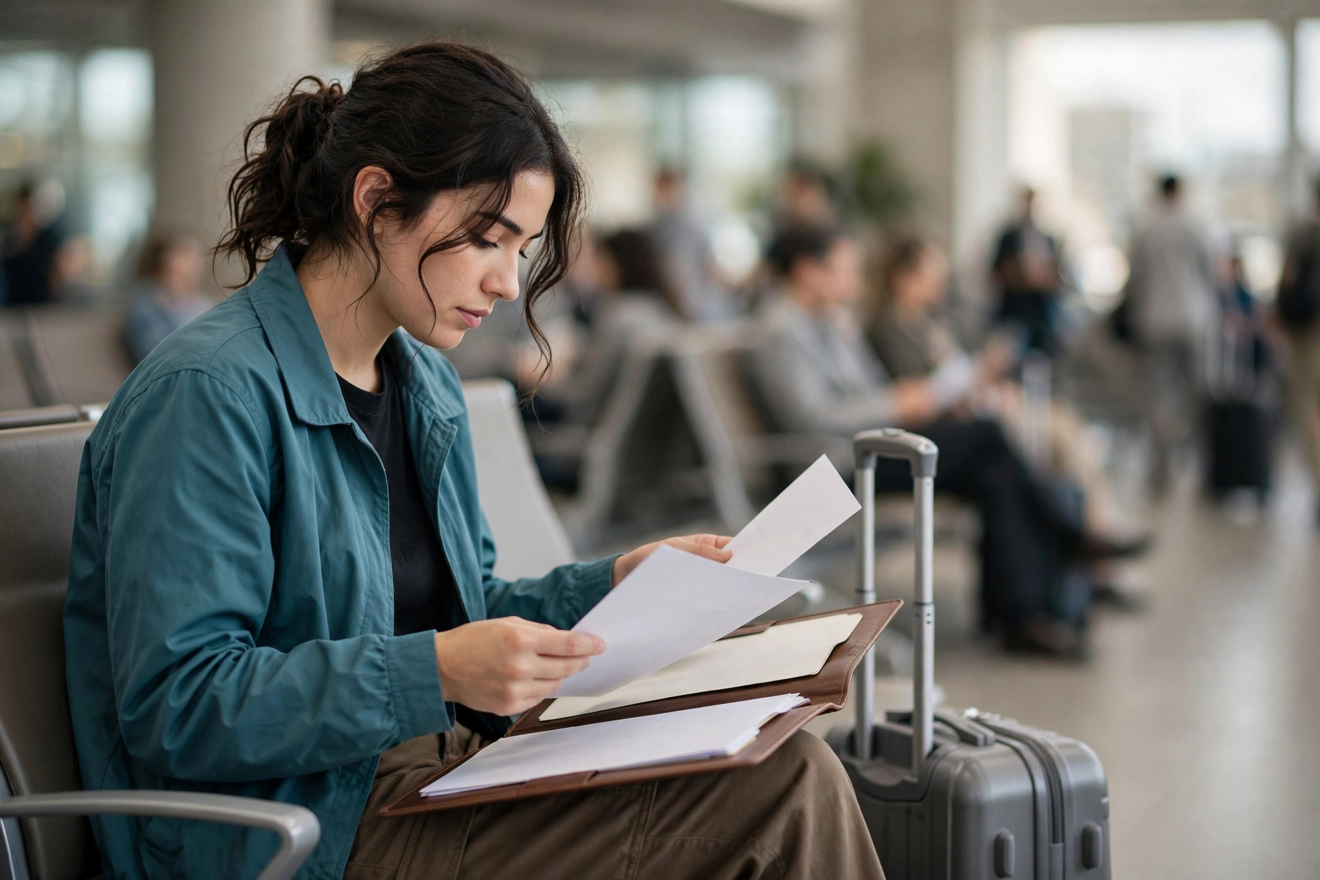 Viajante organiza a carta de aceitação e recibos em uma pasta no aeroporto.