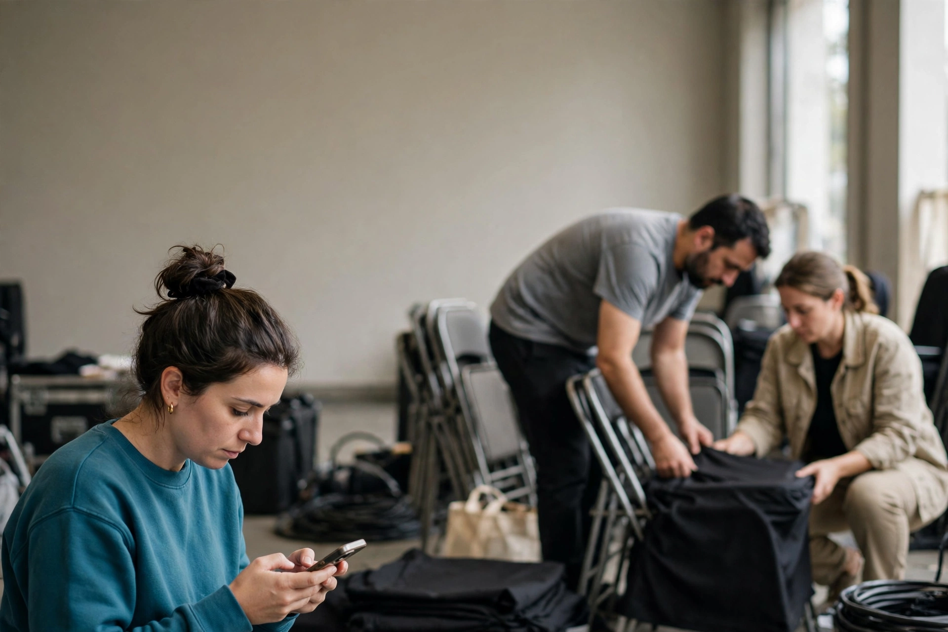 Produtora troca mensagens no celular durante a montagem de um evento enquanto a equipe trabalha ao fundo.