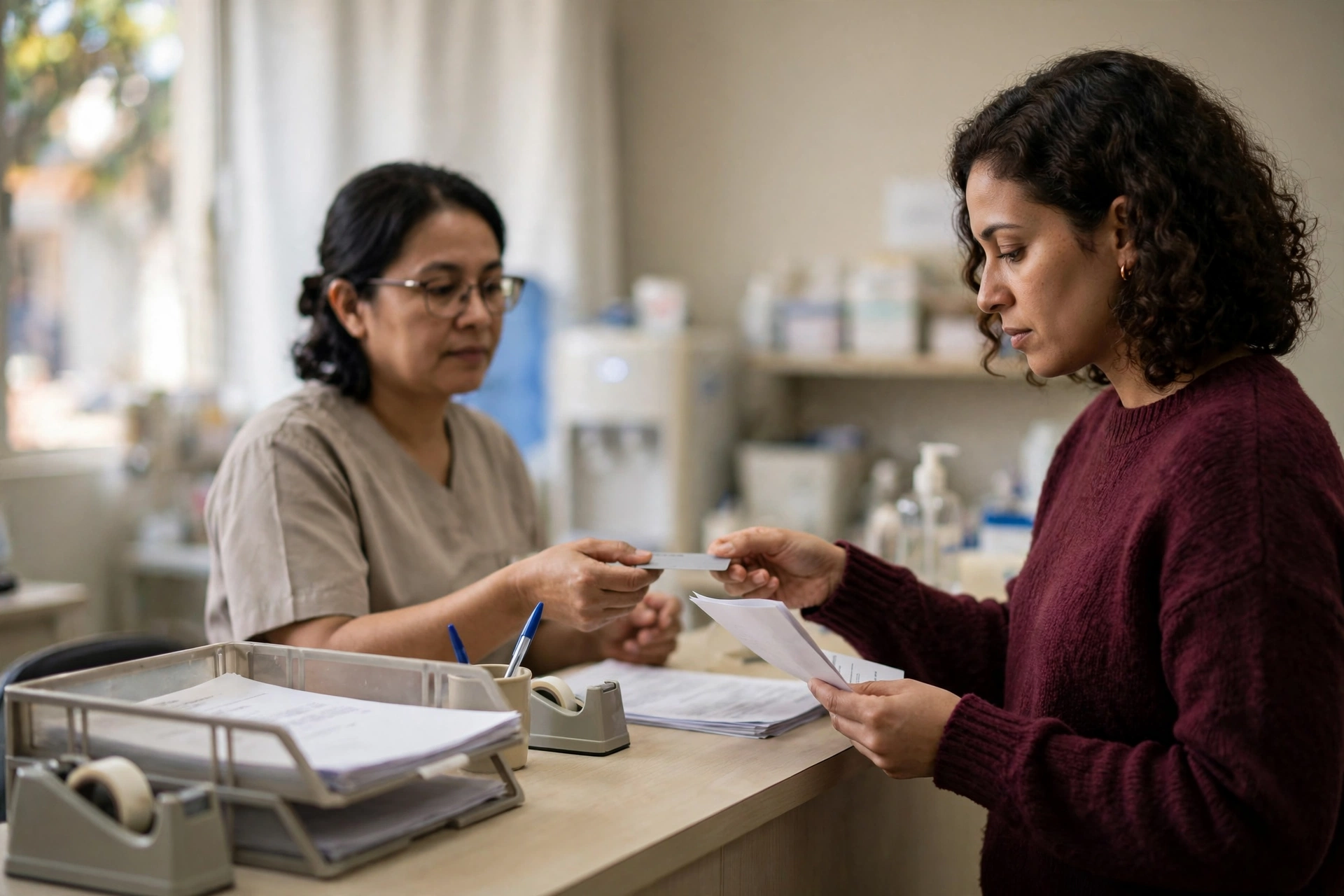 Uma mulher usa um cartão de descontos ao pagar um exame de rotina em um laboratório.