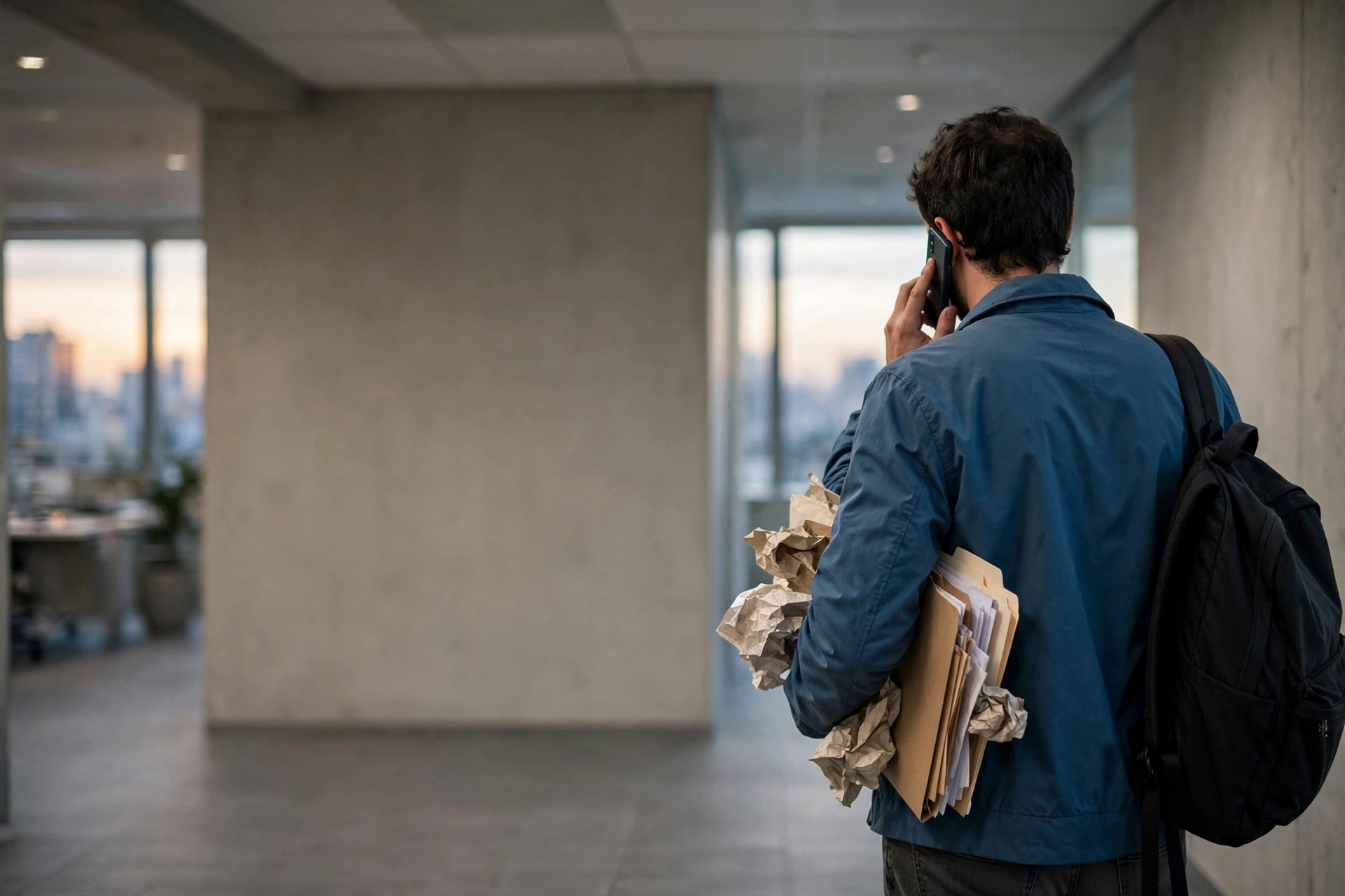 Funcionário em corredor de escritório confirma um atendimento por telefone ao fim do expediente.