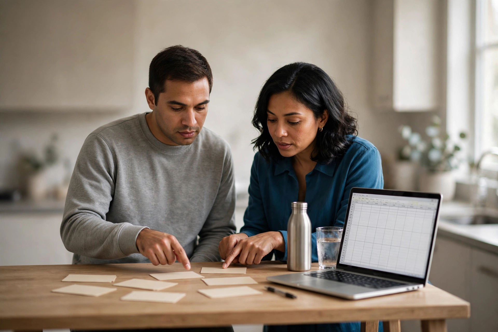 Duas pessoas comparam alternativas de solução em cartões e no notebook durante a análise de um case.