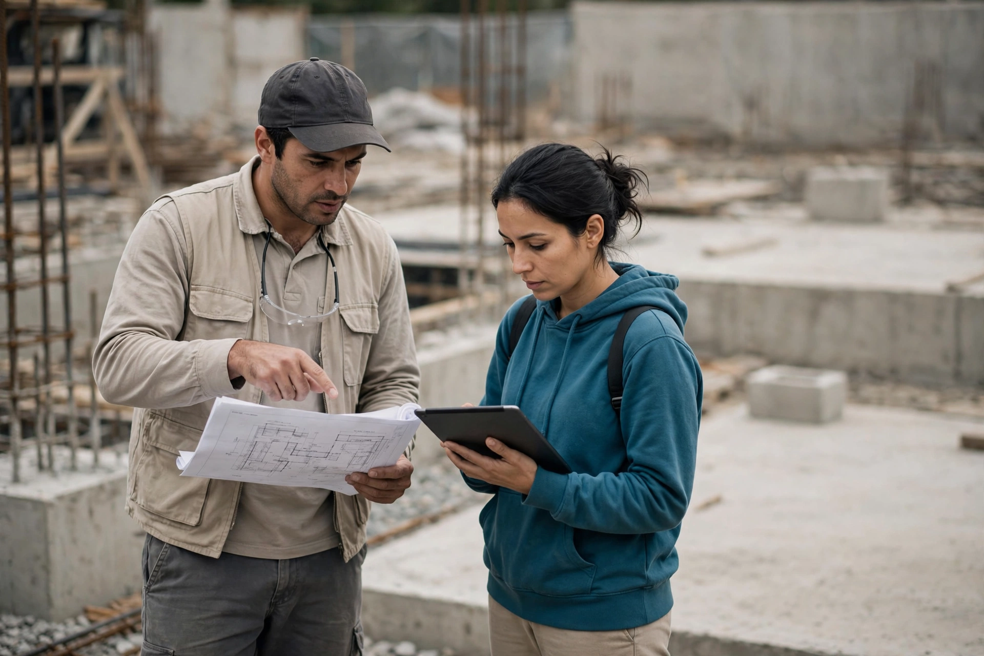 Engenheiro e colega conferem uma planta de obra diante da estrutura em construção.