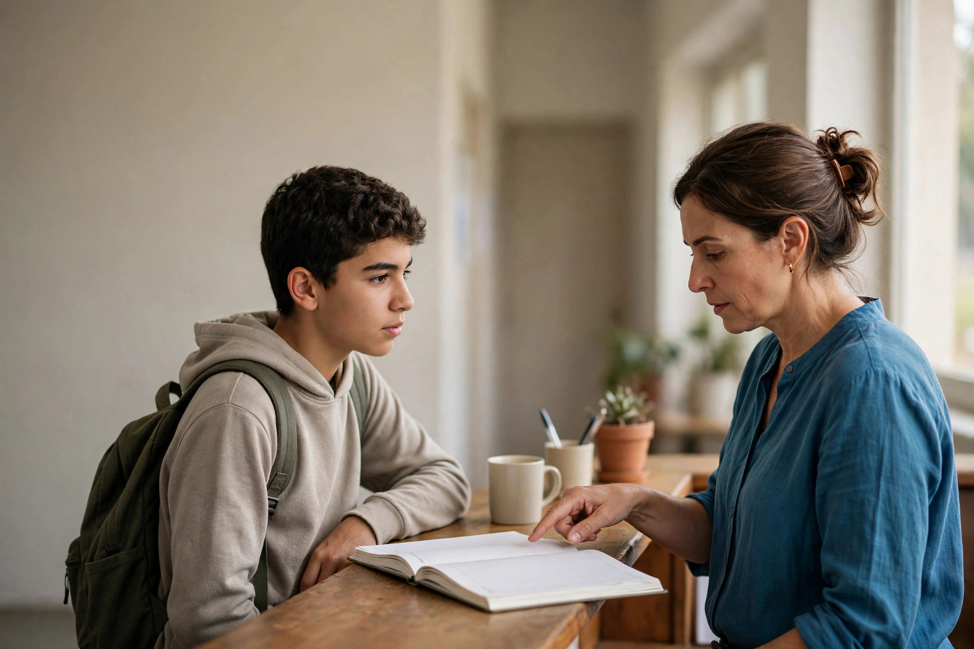 Aluno e coordenadora discutem opções de horário em uma escola de inglês local.