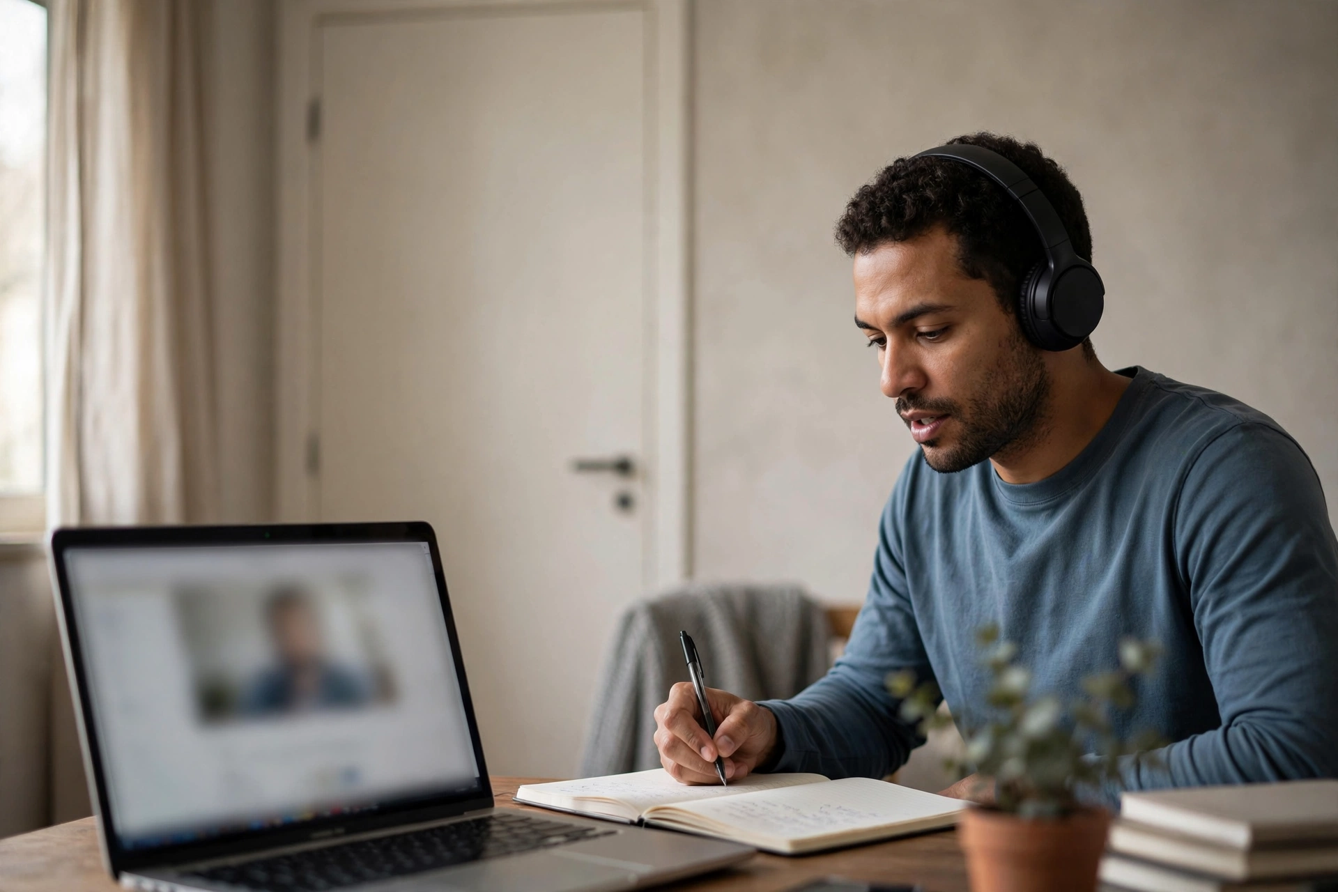 Aluno acompanha e participa de uma aula de inglês online ao vivo em casa.