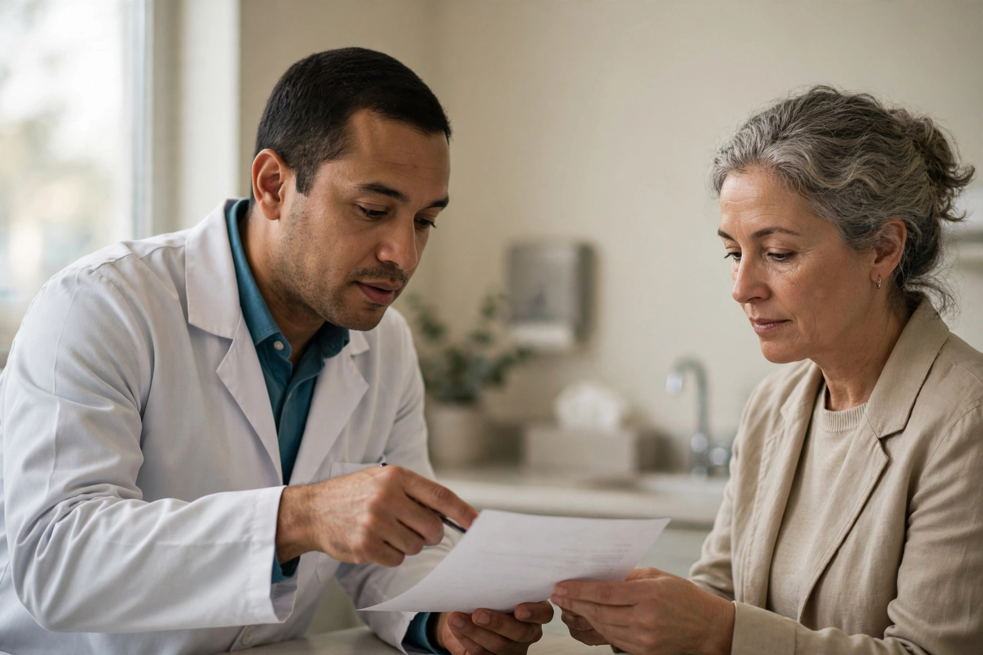 Médico entrega a um paciente o pedido necessário para realizar um exame.