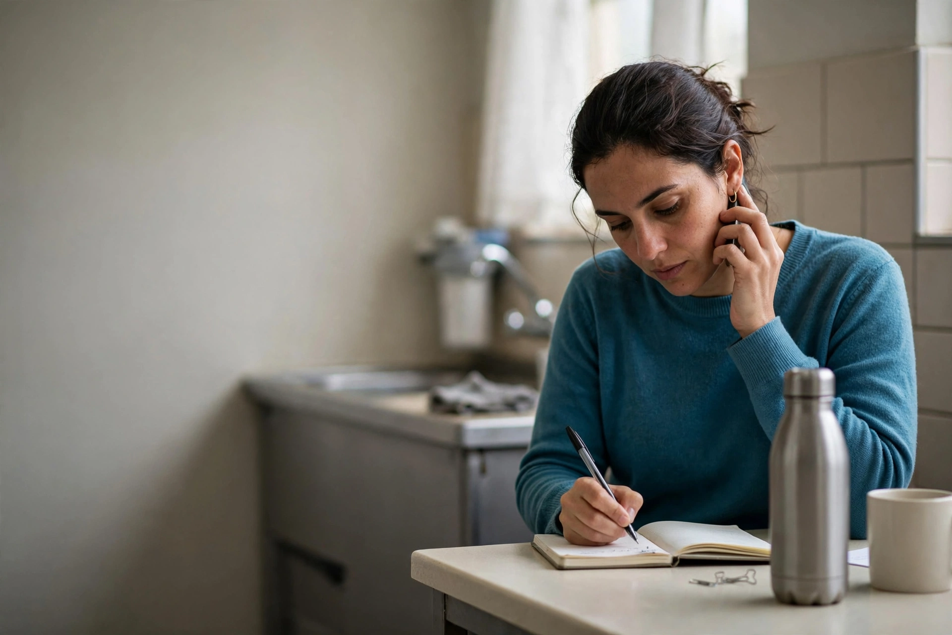 Funcionária confirma por telefone o preço e o preparo de um exame durante uma pausa no trabalho.