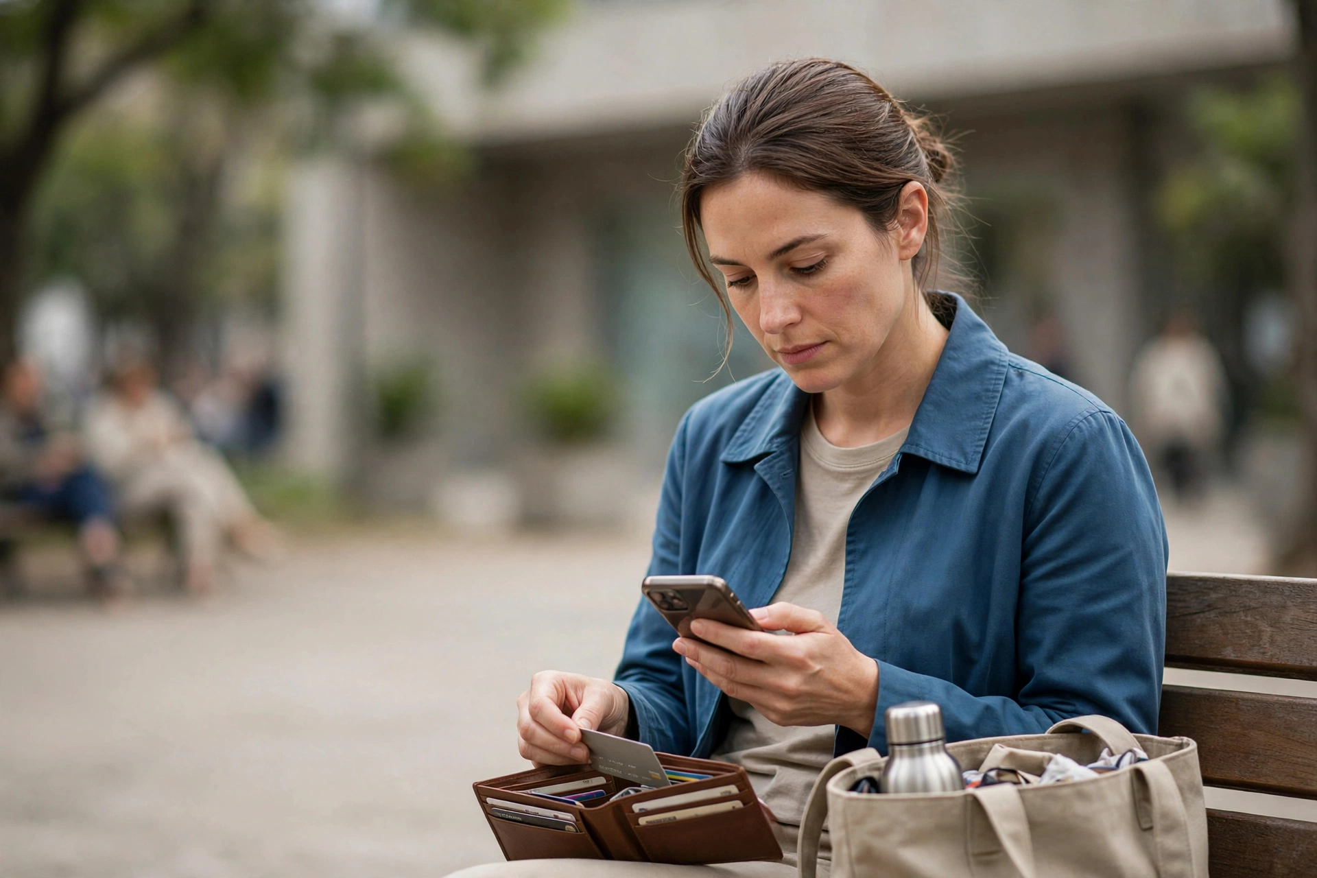 Mulher acessa resultados de exames pelo celular em um banco de praça.
