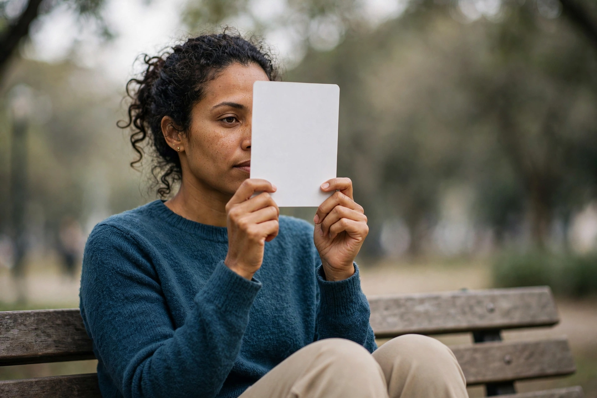 Mulher revisa um flashcard ao ar livre, respondendo antes de olhar o verso.
