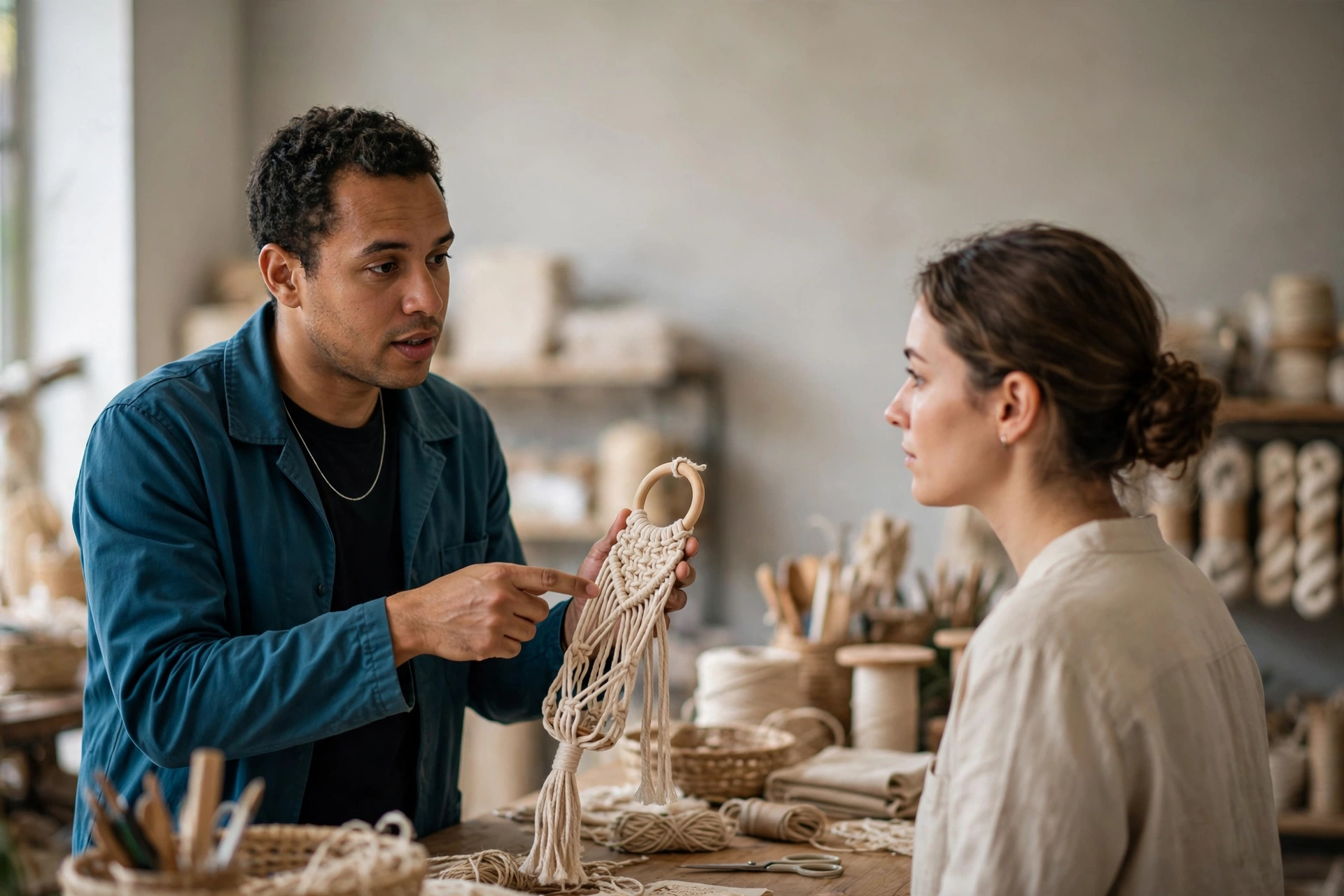Um cliente conversa em inglês com uma atendente em uma loja de artesanato enquanto mostra um projeto.