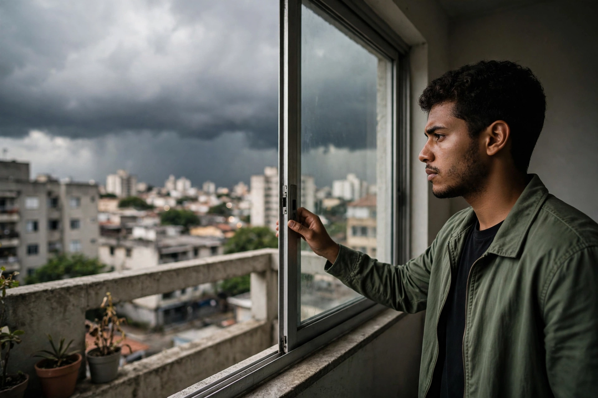 Rapaz fecha a janela da varanda enquanto observa nuvens de chuva se formando sobre a cidade.