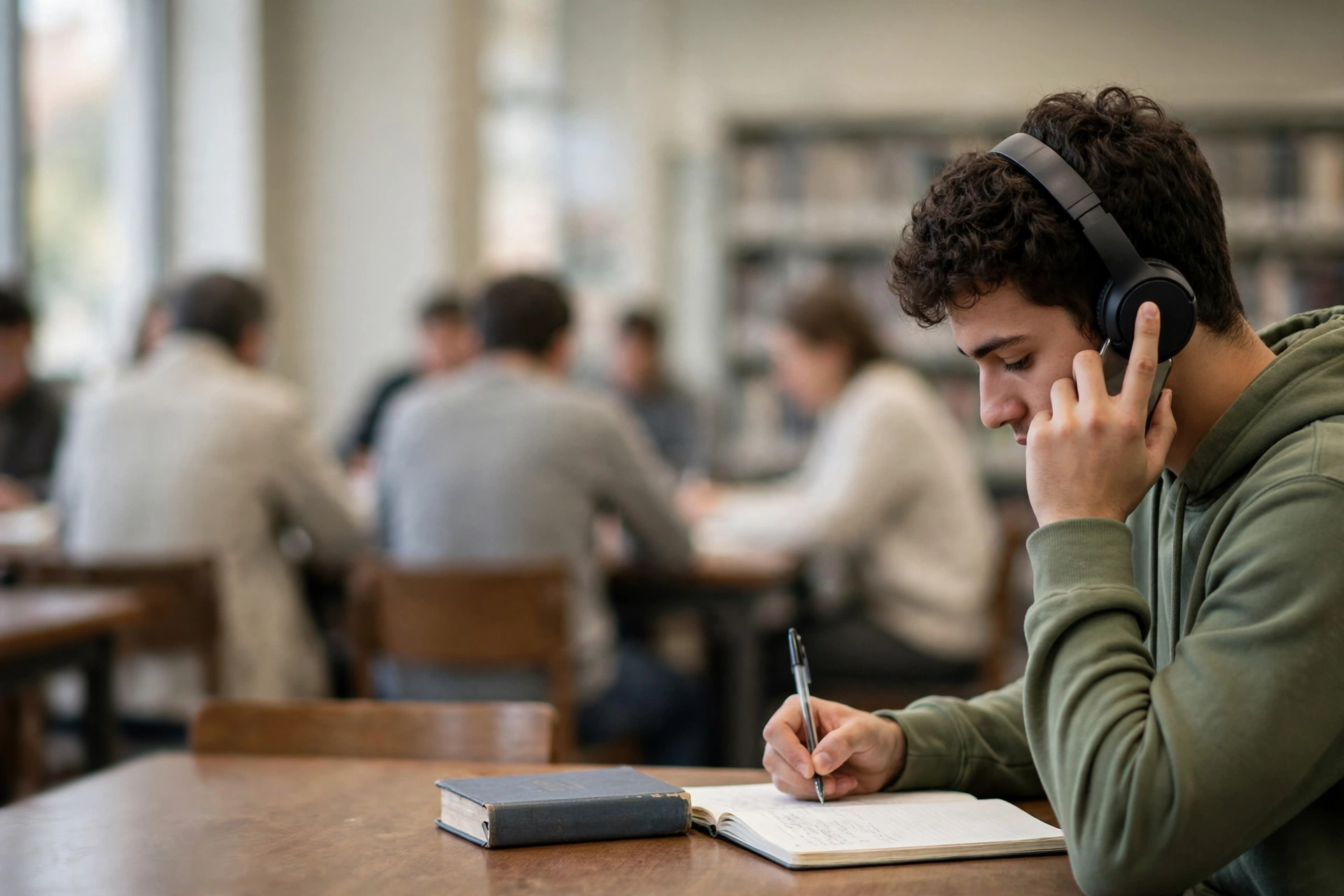 Estudante em biblioteca associa expressões em inglês ouvidas no celular às suas anotações.