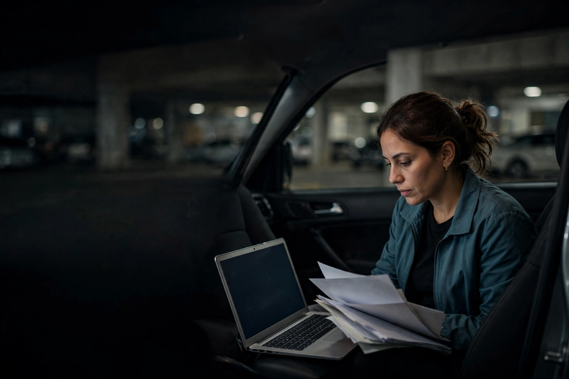 Funcionária deixa o trabalho à noite com notebook aberto e documentos no carro.