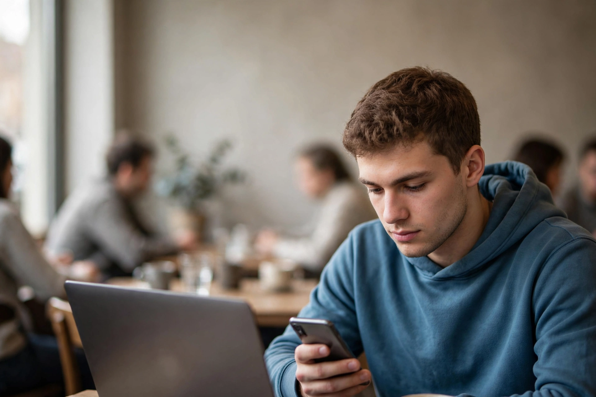 Jovem compara endereços de sites no notebook e no celular em uma cafeteria.