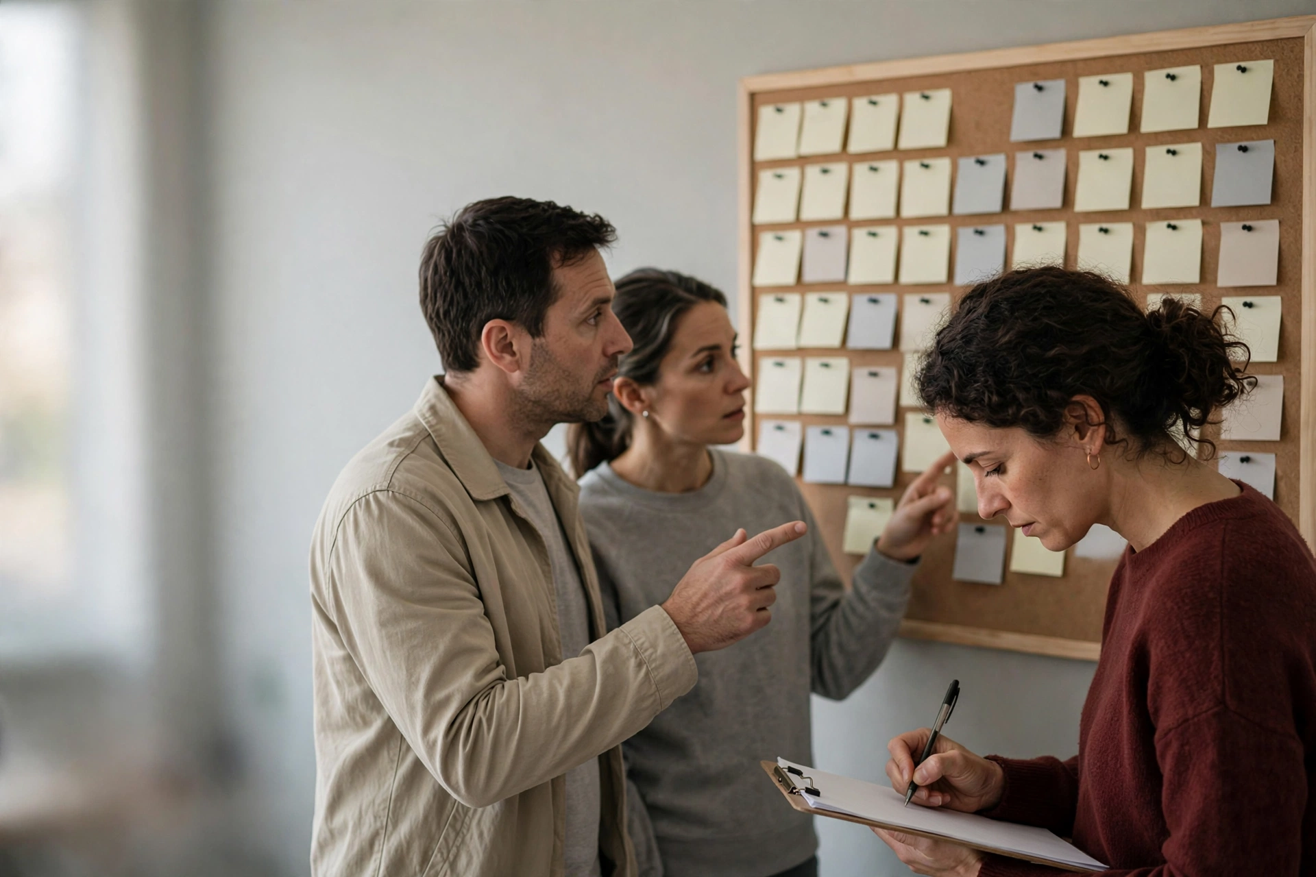 Equipe discute um bloqueio de projeto diante de um quadro de trabalho antes de escalá-lo à liderança.