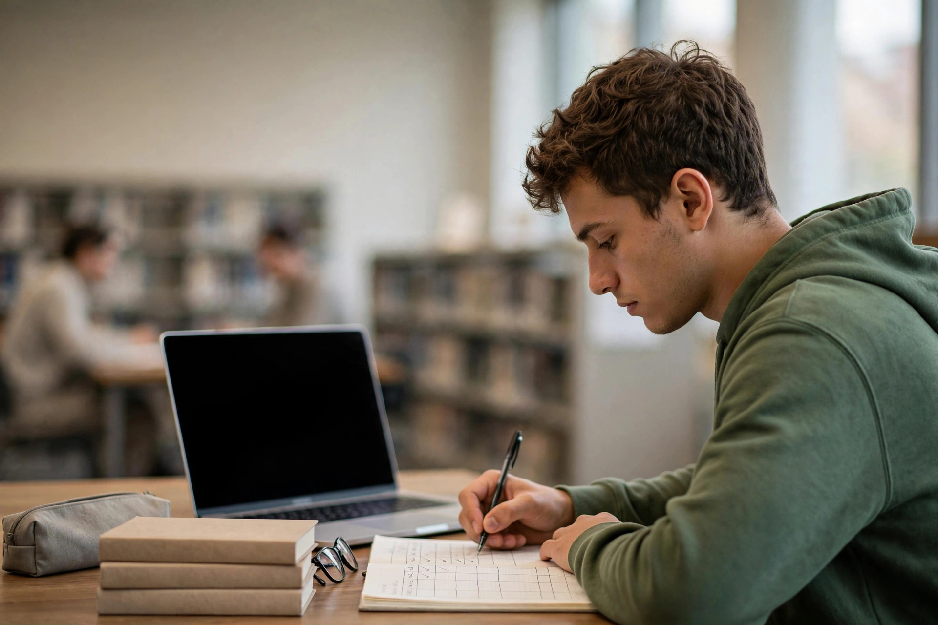 Jovem pesquisa universidades estrangeiras e organiza critérios de comparação em uma biblioteca.