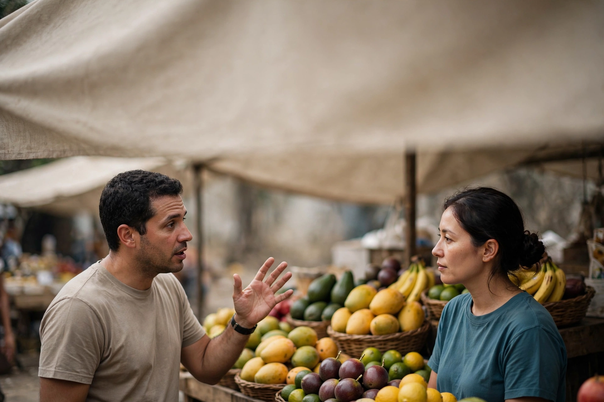 Um homem conversa em inglês com uma vendedora em uma banca de frutas de feira.
