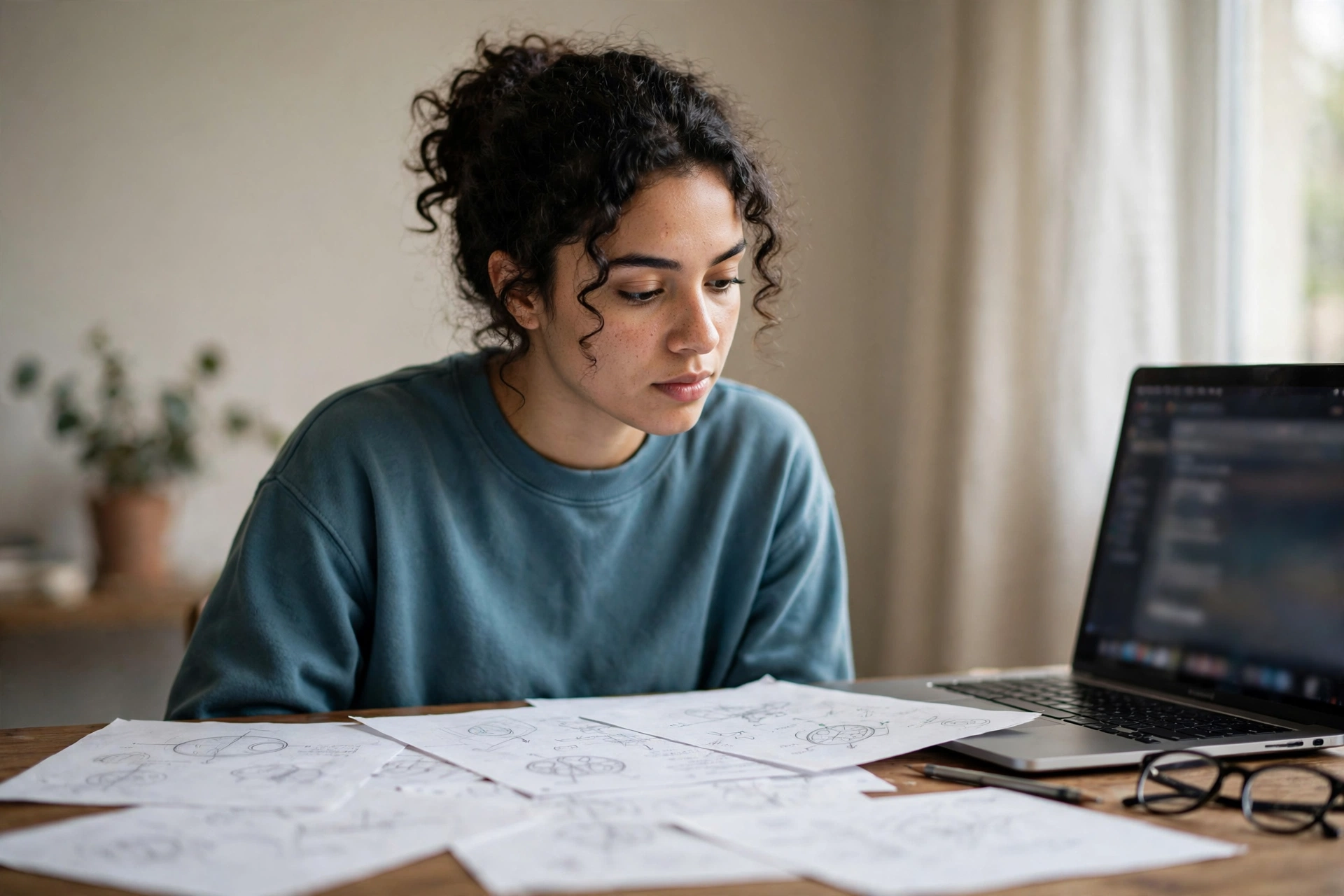 Estudante verifica no notebook um resumo gerado por IA ao lado de seus materiais de estudo.