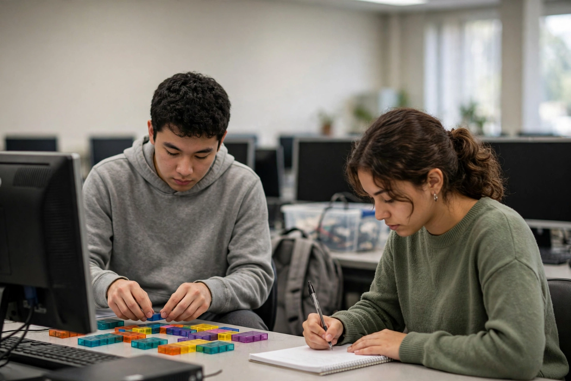 Dois estudantes avaliam atividades de dados e anotam critérios para decidir o que estudar.