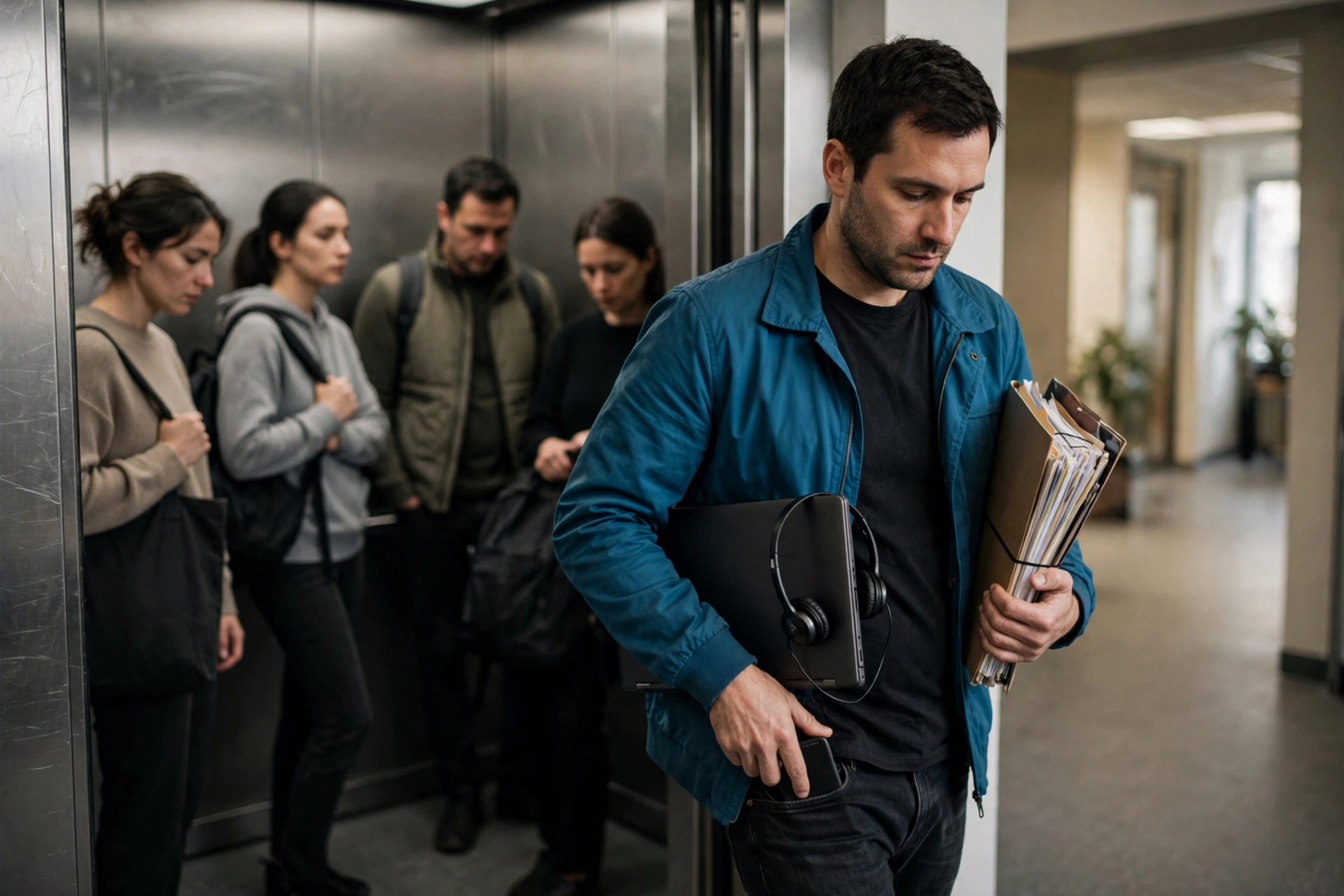 Profissional de suporte deixa o escritório em um elevador lotado, carregando notebook, headset e uma pasta cheia de documentos.
