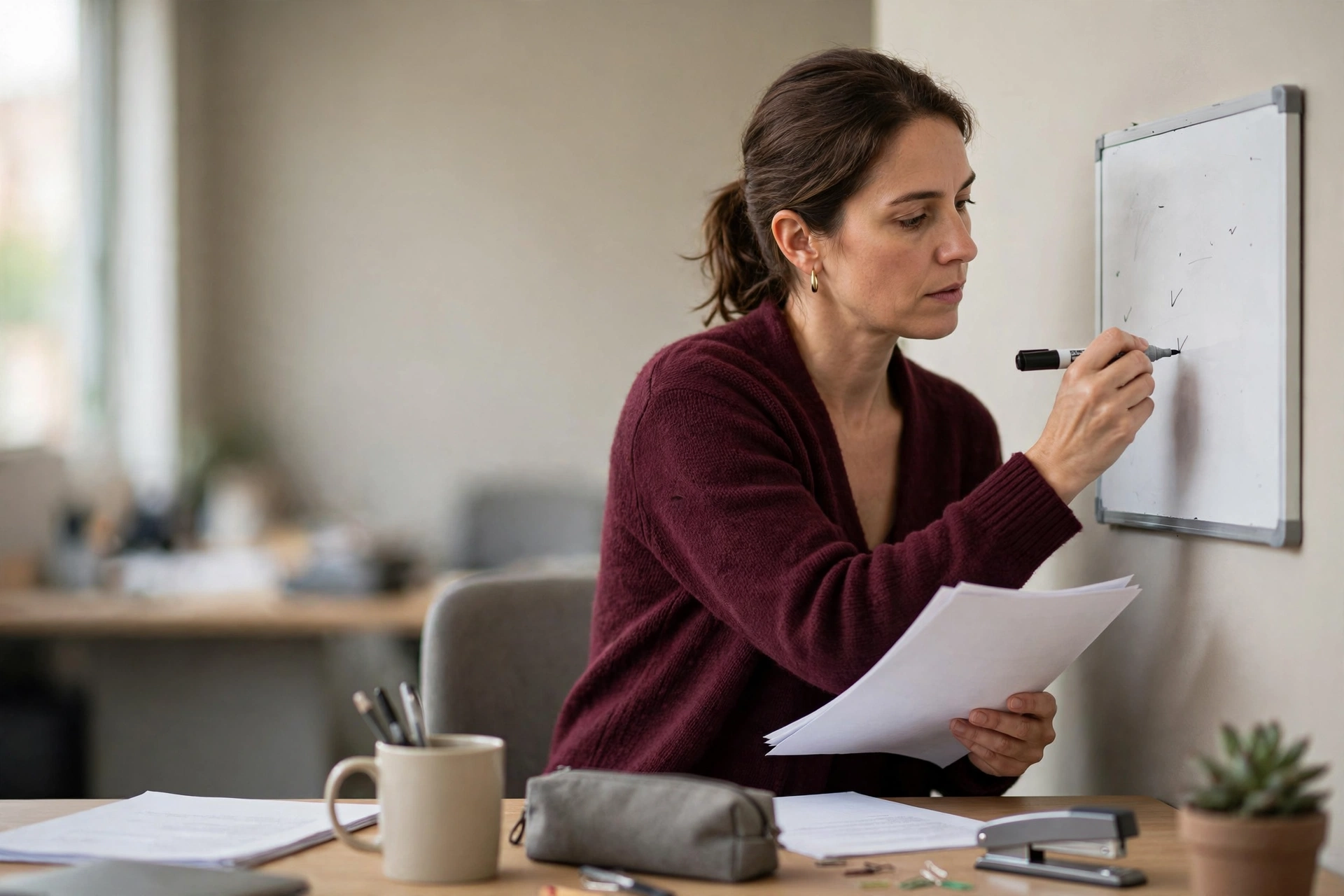 Profissional confere relatórios mensais e atualiza metas em um quadro para acompanhar benefícios depois da entrega do projeto.