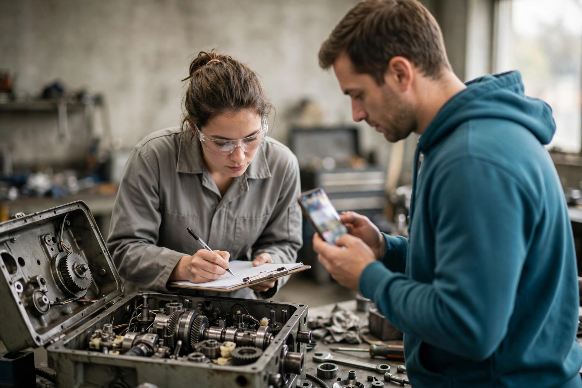 Técnica de manutenção trabalha em um equipamento enquanto consulta material técnico em inglês com um colega.