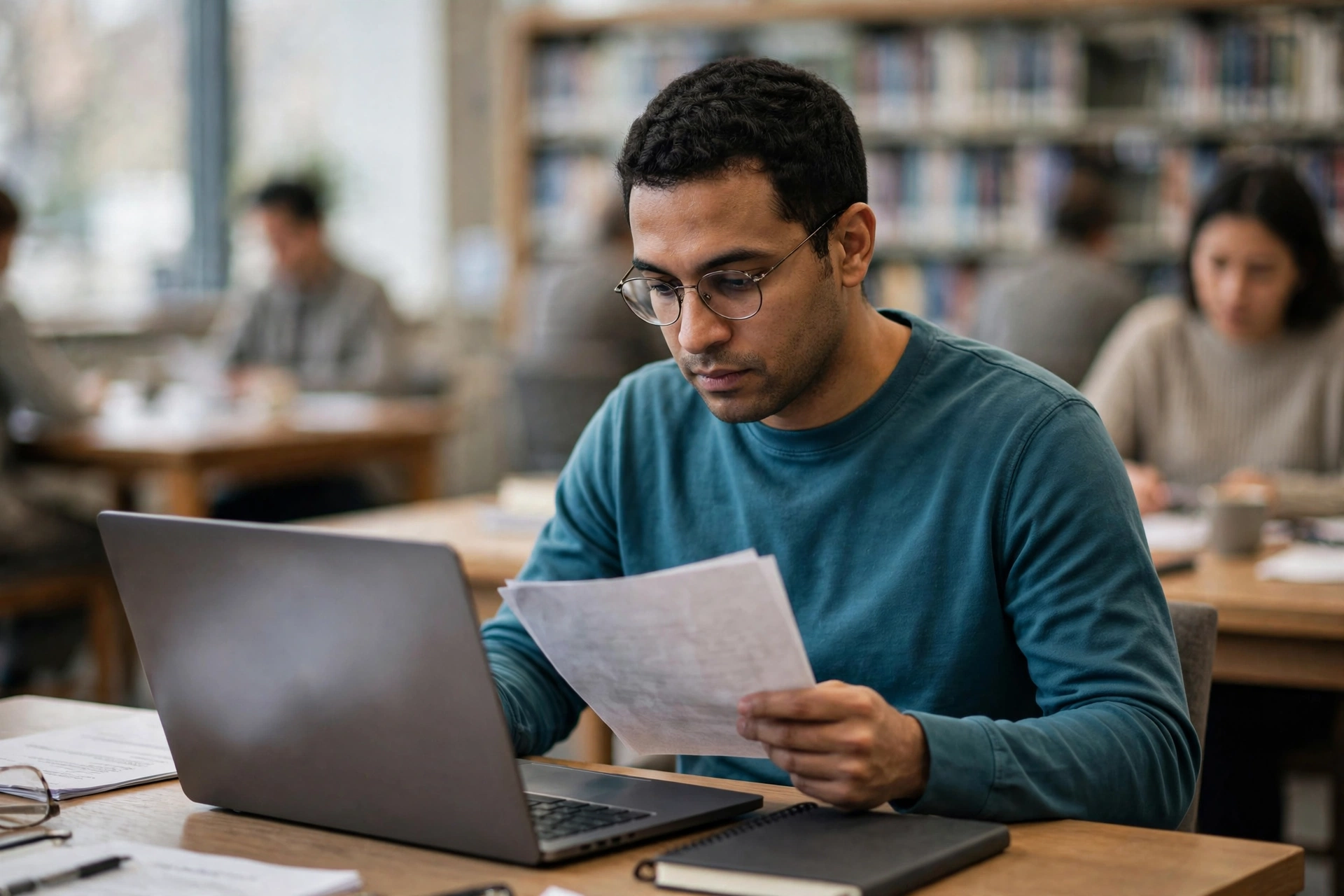Profissional compara uma vaga escrita em inglês no notebook com seu currículo em uma biblioteca.