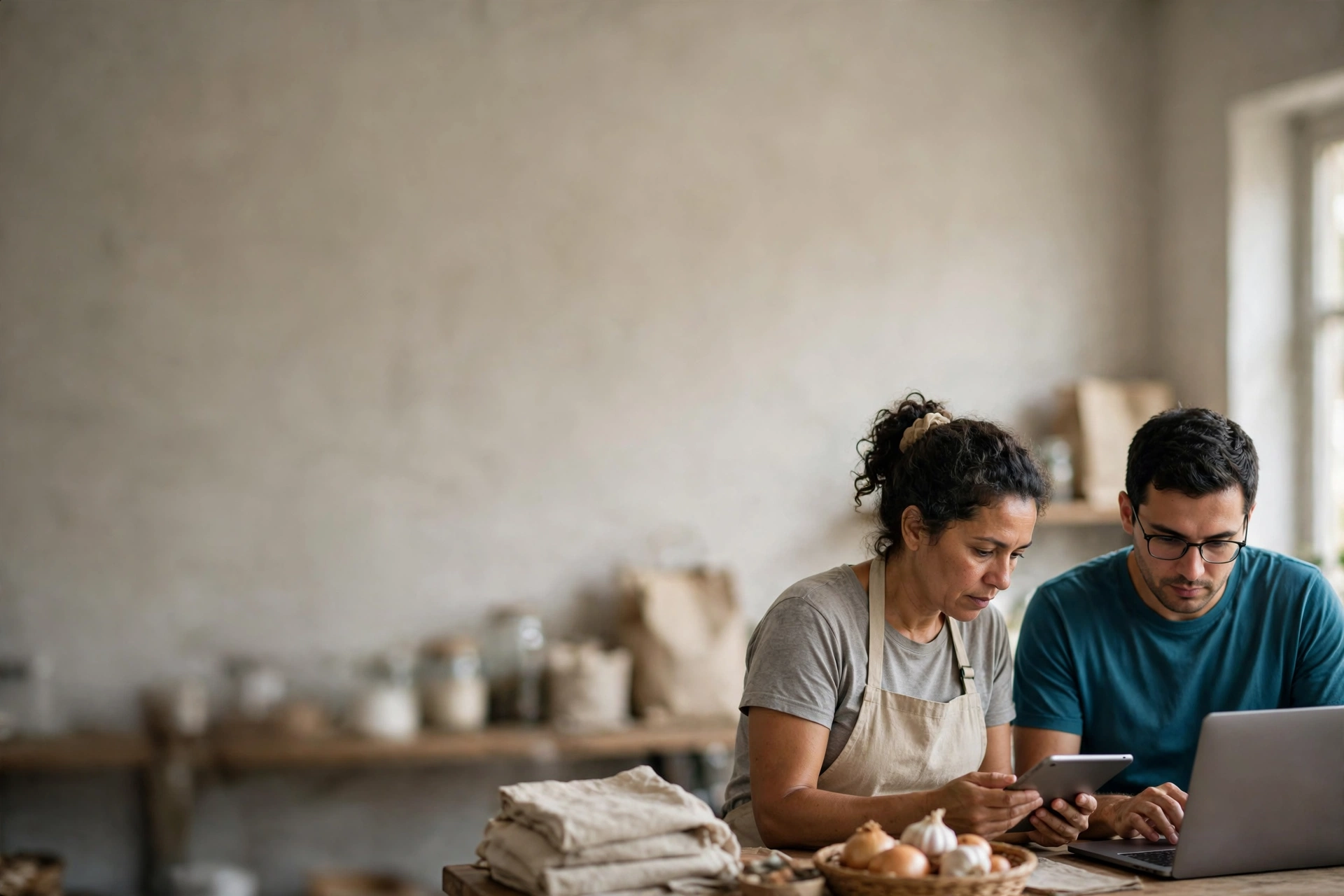 Comerciante e profissional de tecnologia conferem uma compra registrada no sistema de vendas de uma loja brasileira.