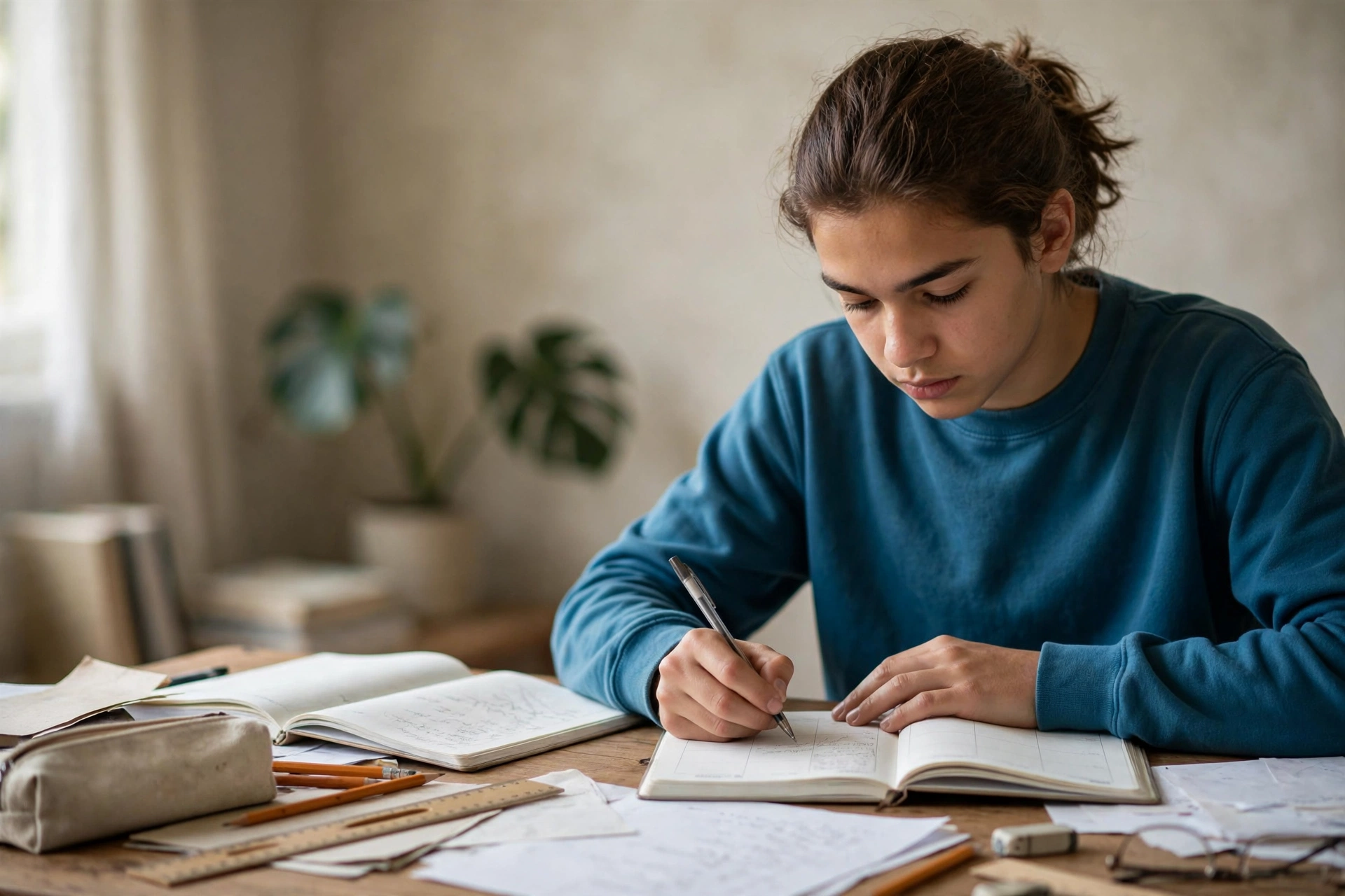 Estudante organiza cadernos, materiais escolares e horários de estudo em casa.