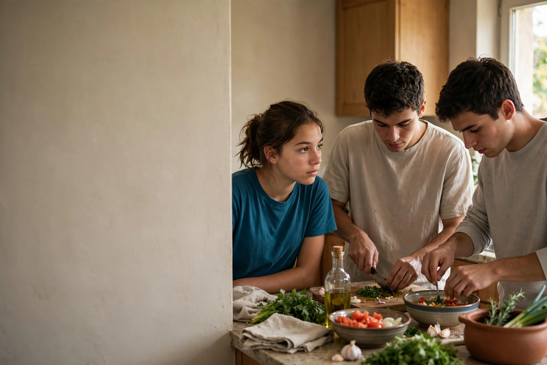 Adolescente brasileira prepara uma refeição com jovens da família anfitriã em uma cozinha.
