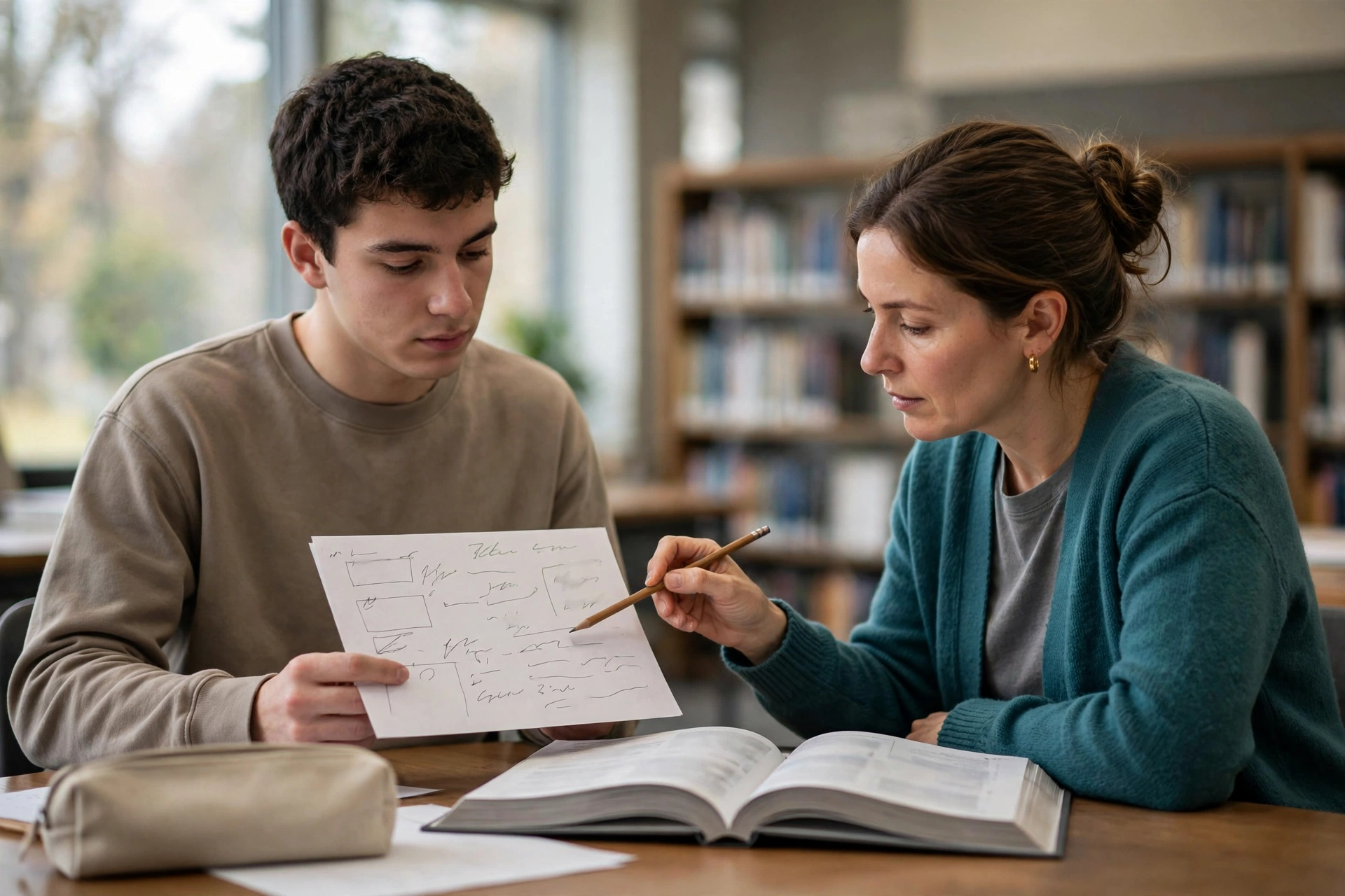 Aluno recebe orientação de professora sobre uma atividade de inglês em uma biblioteca.