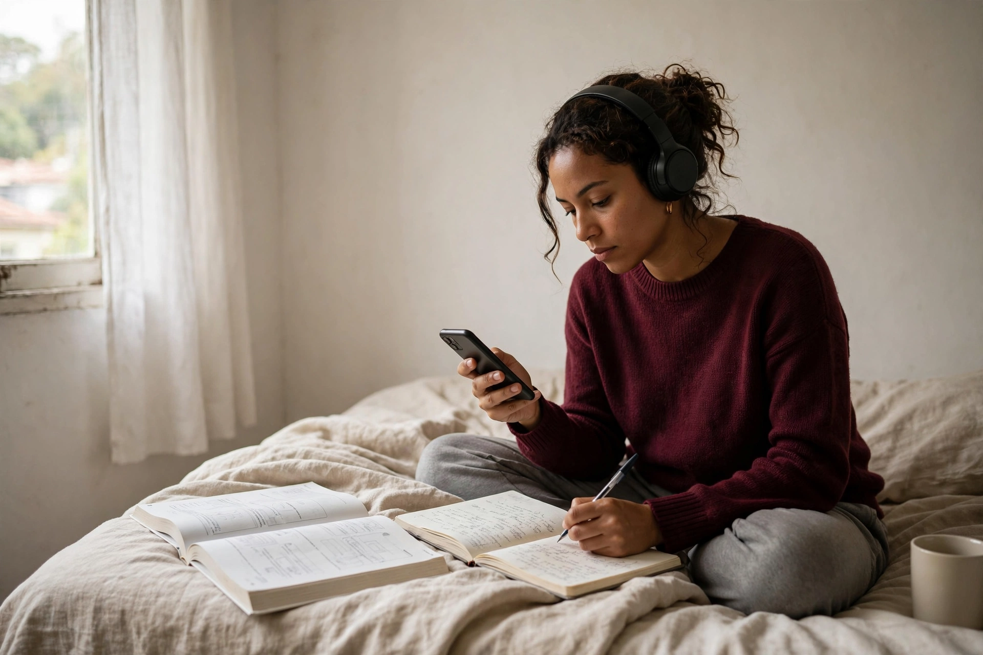 Mulher estuda inglês com livro, celular e fones de ouvido em casa.