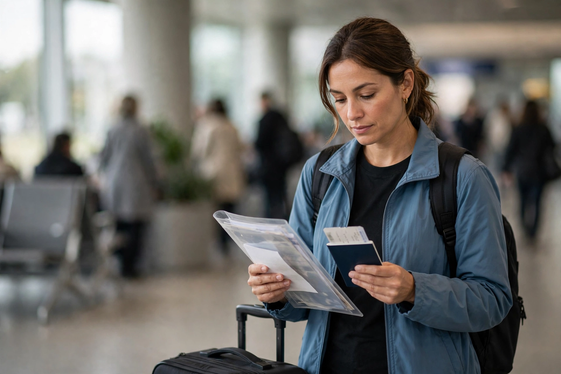 Viajante no aeroporto organiza passaporte e documentos antes de embarcar para seu curso no exterior.