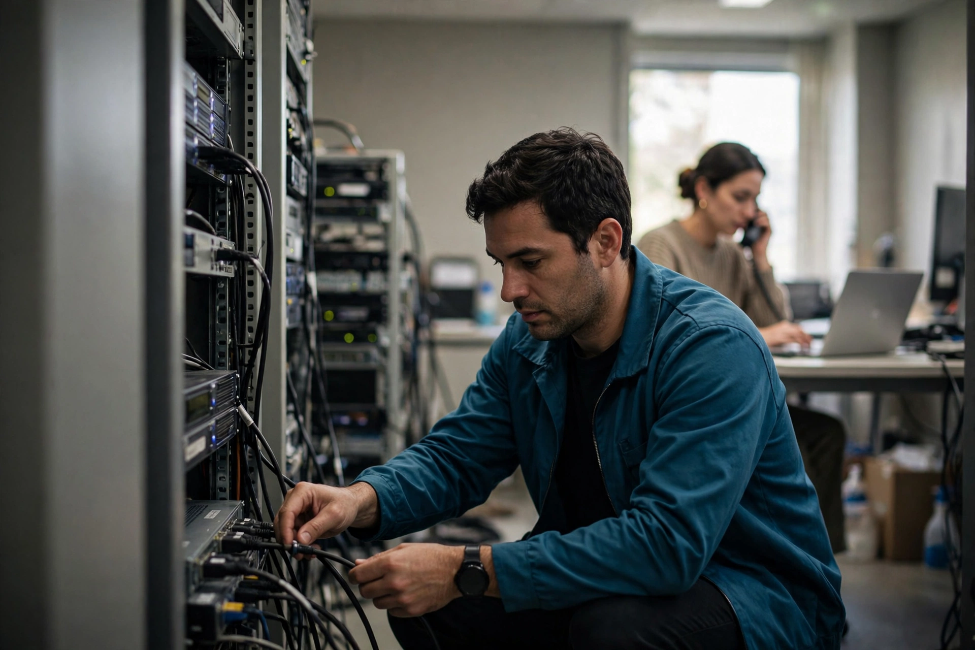 Técnico de infraestrutura monitora servidores enquanto profissional de suporte atende um chamado.
