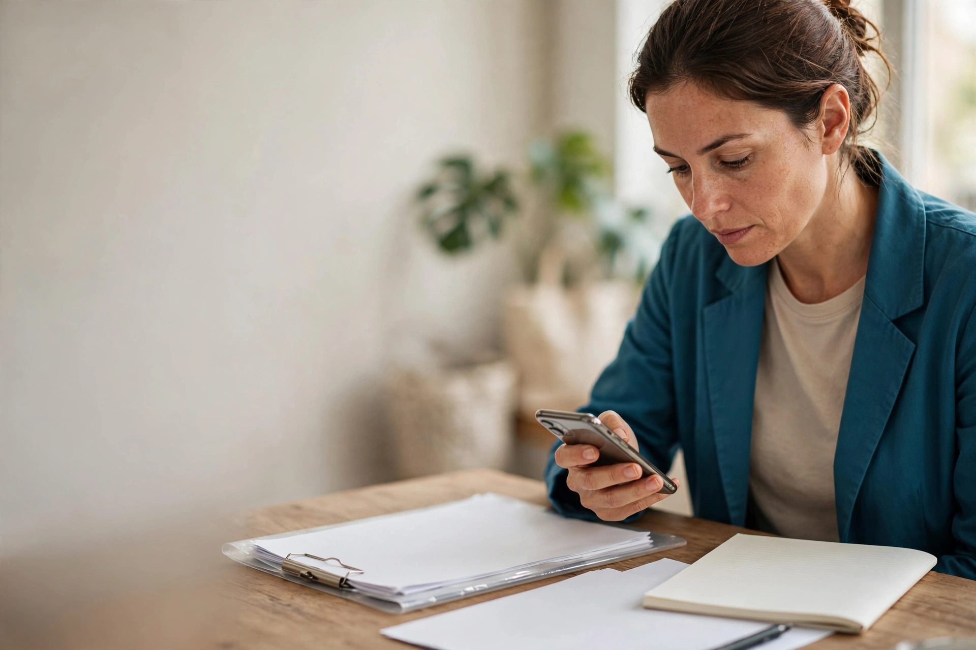 Profissional redige uma mensagem comercial em mandarim no celular enquanto confere dados de contato e negociação.