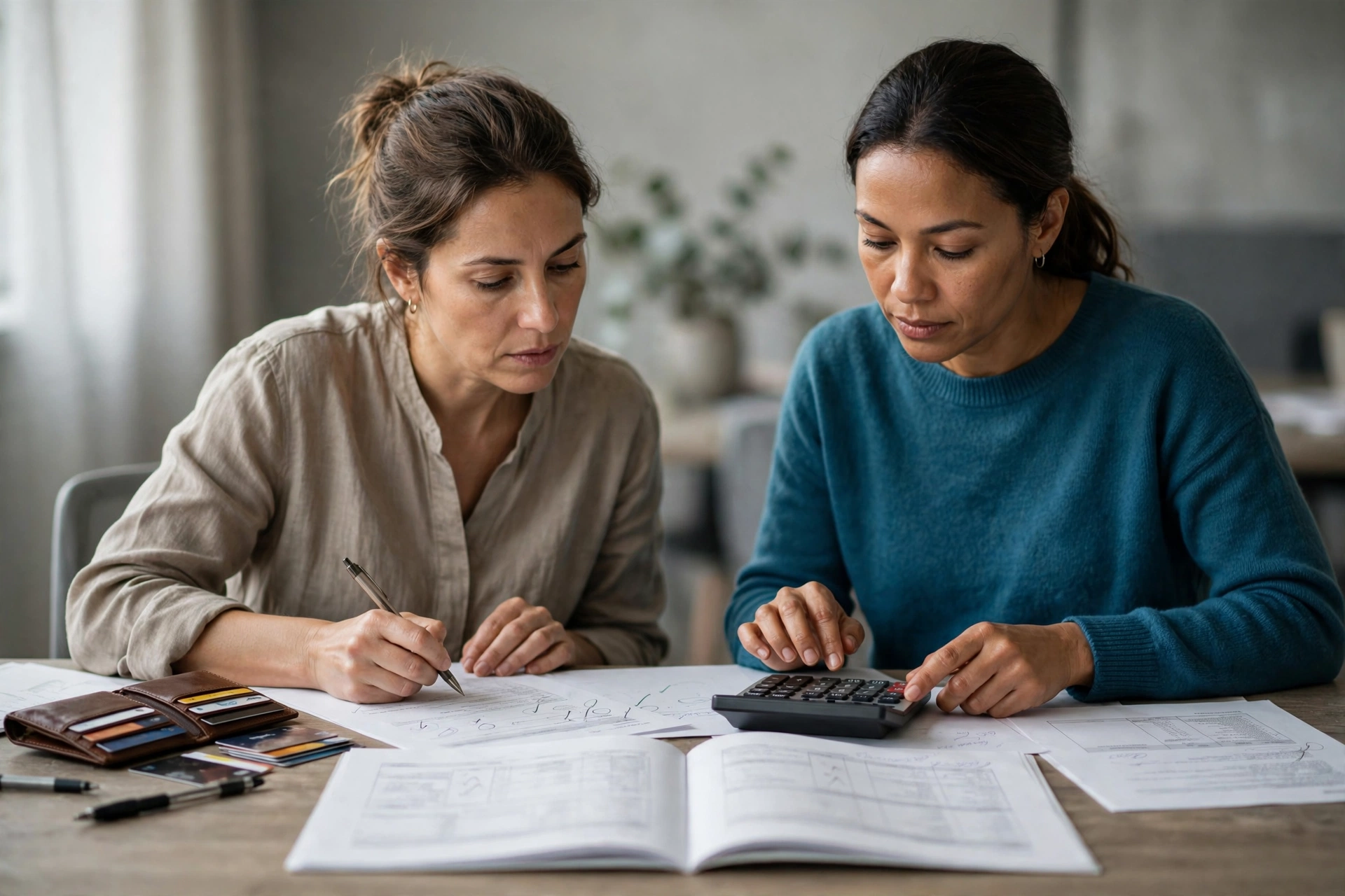 Duas pessoas comparam propostas de cartão e plano de saúde com calculadora sobre uma mesa de trabalho.