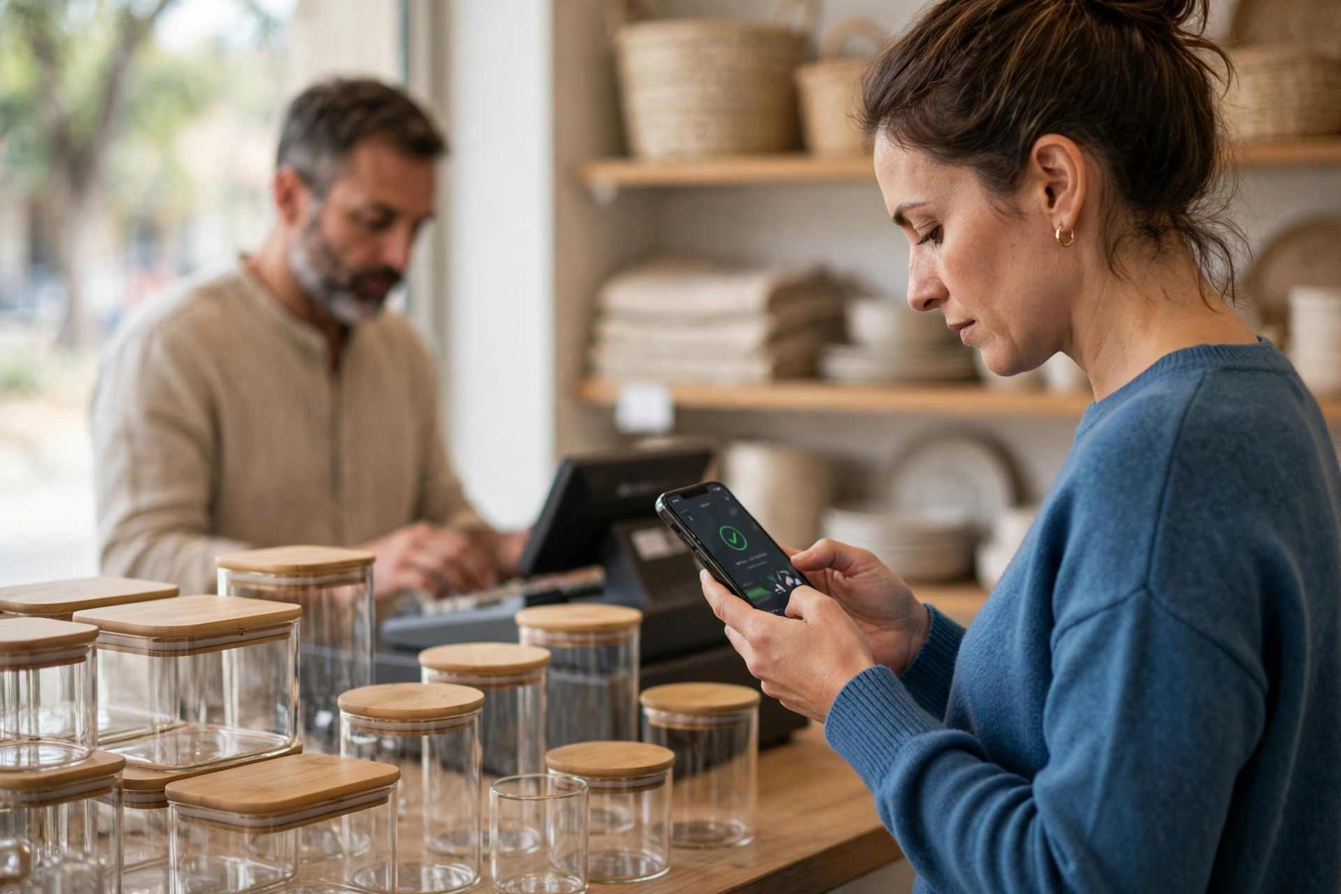 Cliente consulta um benefício no celular antes de pagar por produtos para casa.