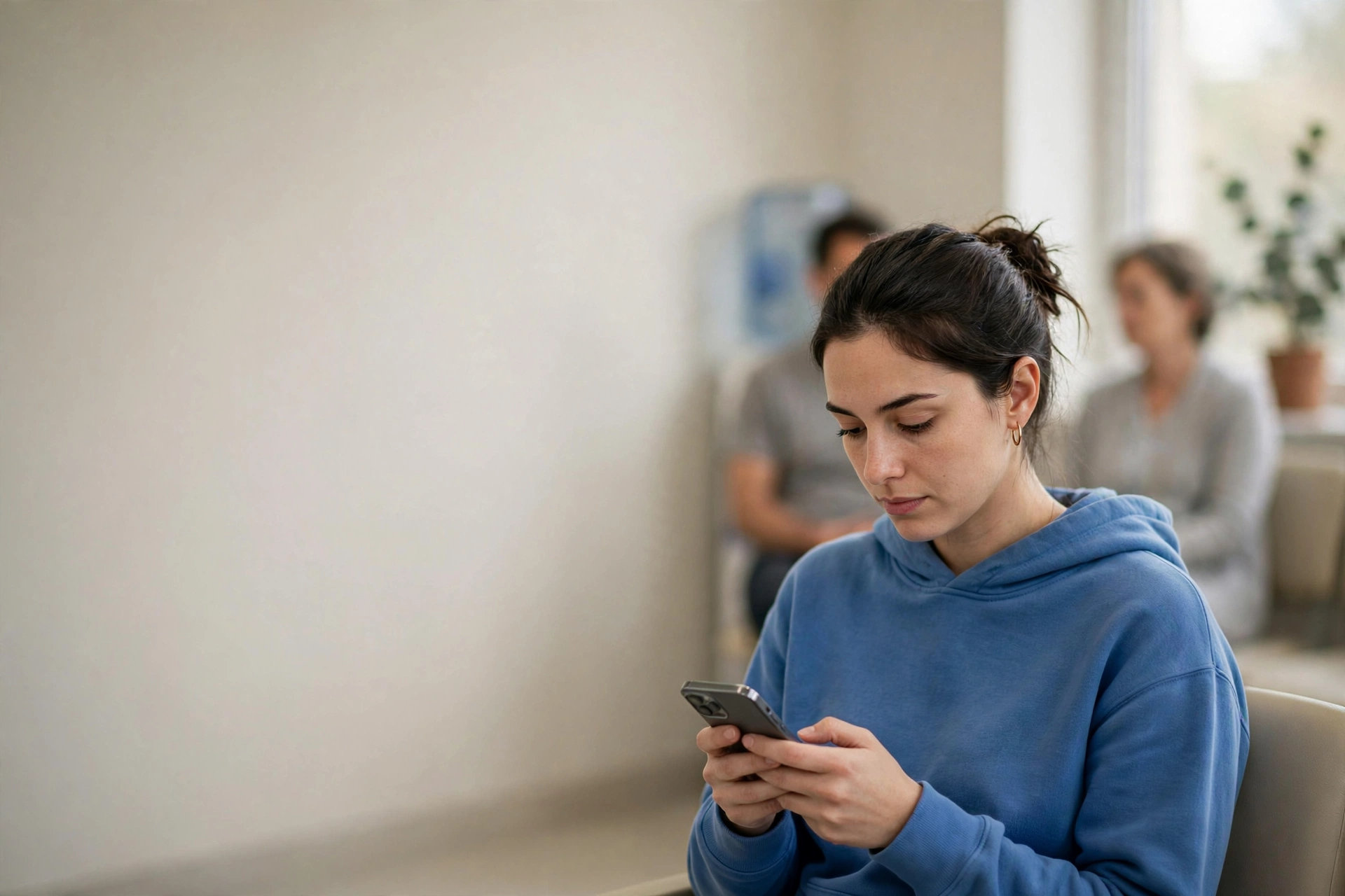 Pessoa em laboratório usa um benefício de assinatura no celular durante o atendimento.