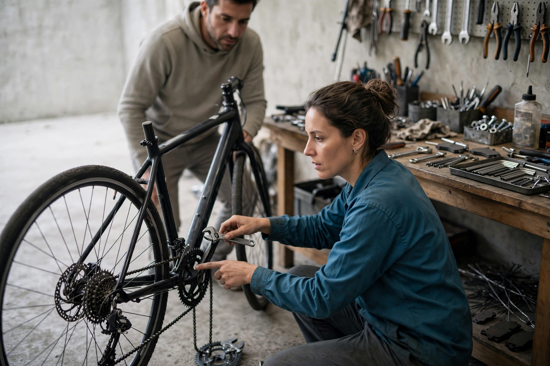 Mecânica toma a iniciativa de consertar a corrente de uma bicicleta em uma oficina.