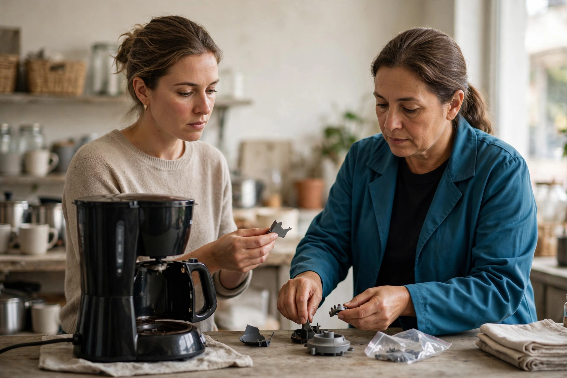 Cliente e atendente resolvem a troca de uma cafeteira com defeito em uma loja.