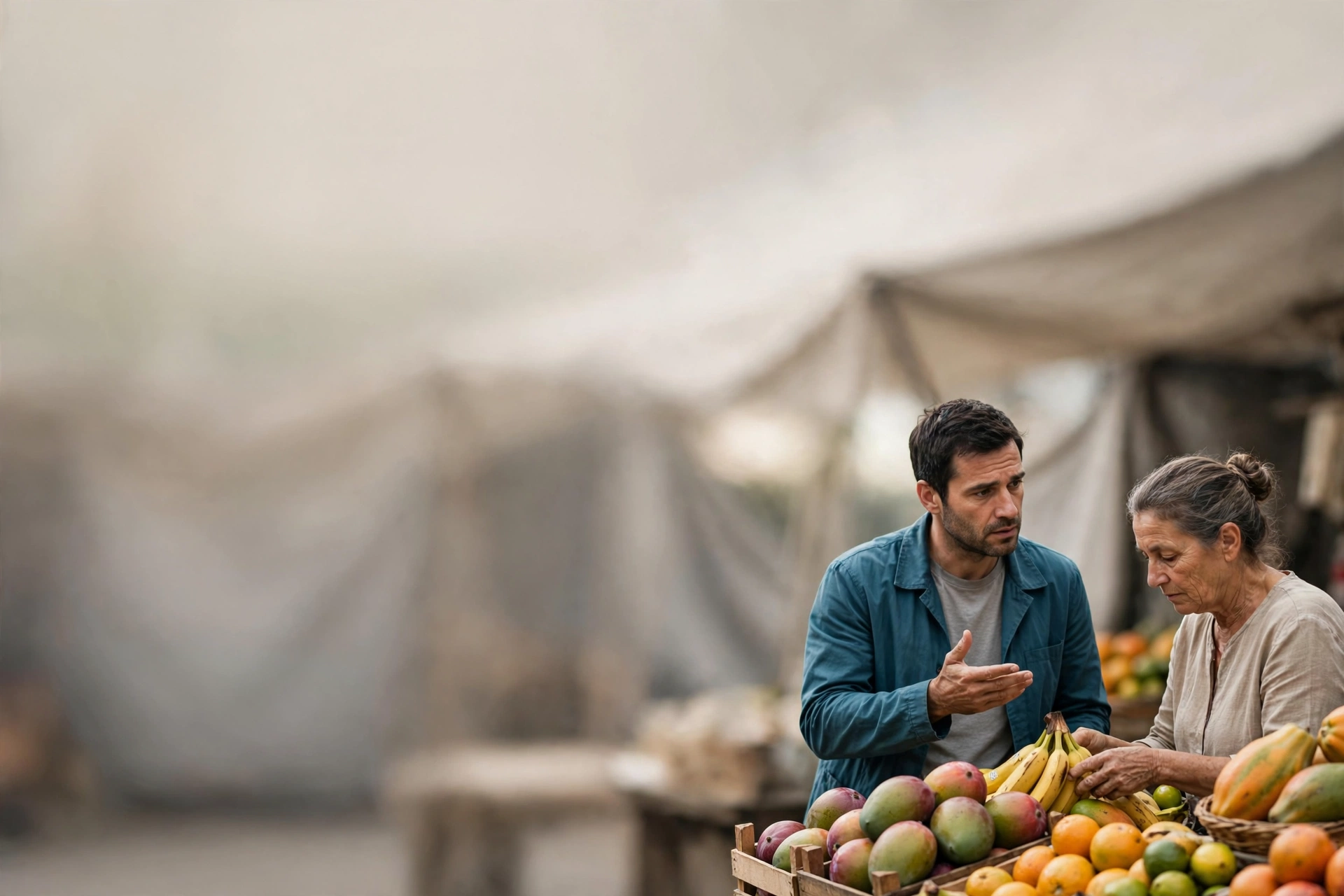 Cliente compra frutas em uma feira e conversa com a vendedora.