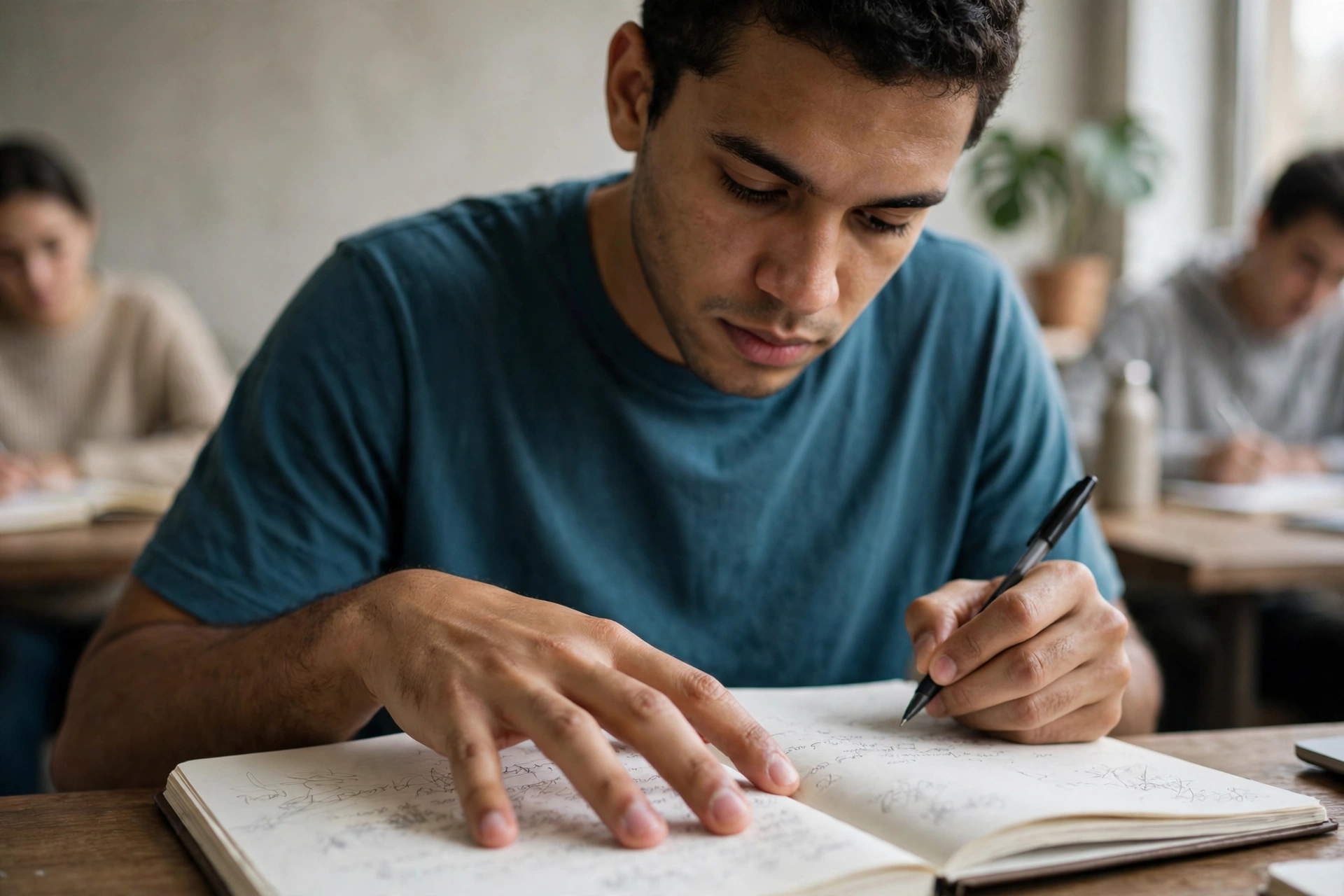 Homem tenta reconstruir uma frase em inglês no caderno sem olhar o modelo completo.