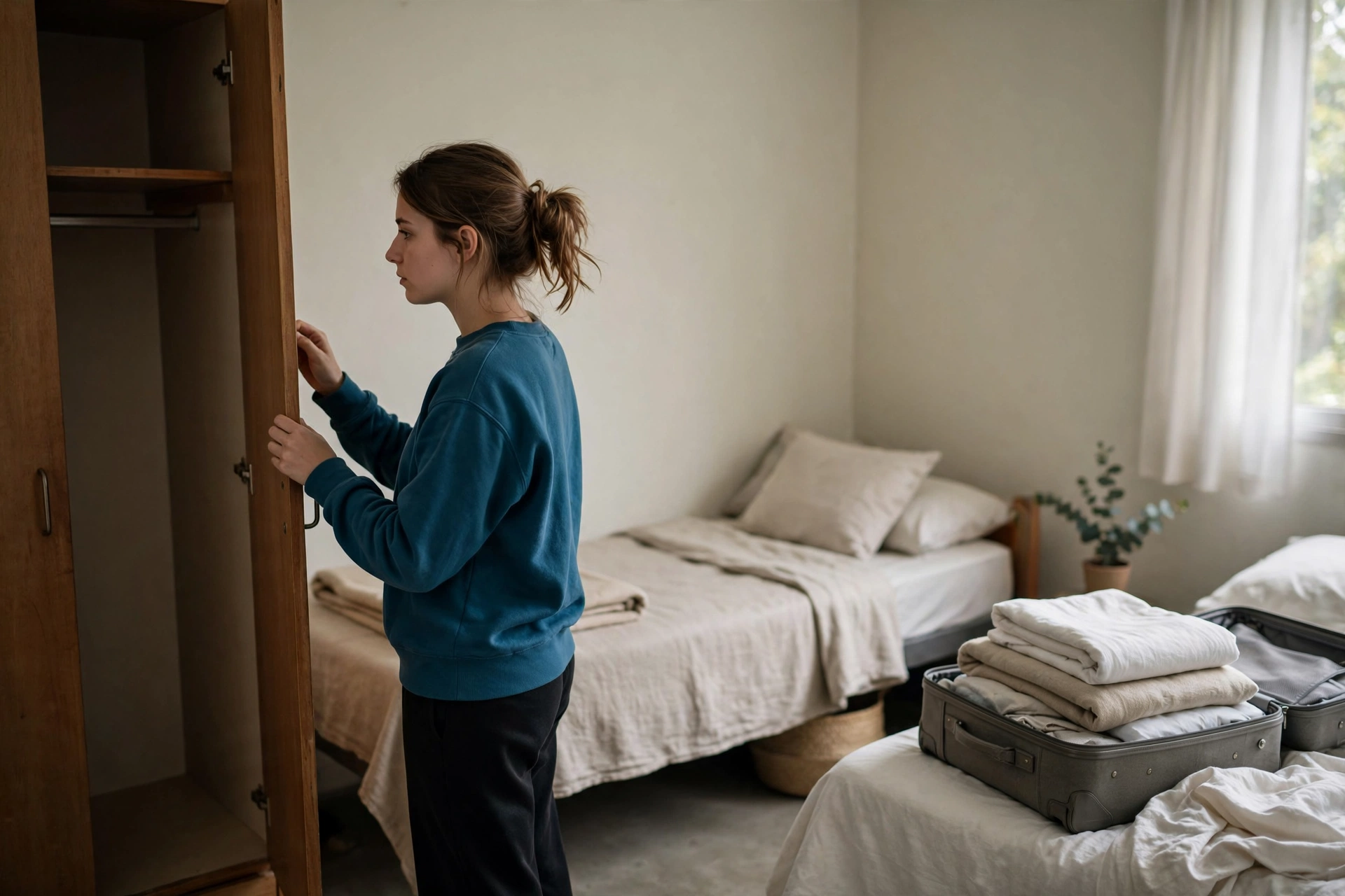 Jovem verifica um quarto compartilhado em uma residência estudantil antes de se hospedar.
