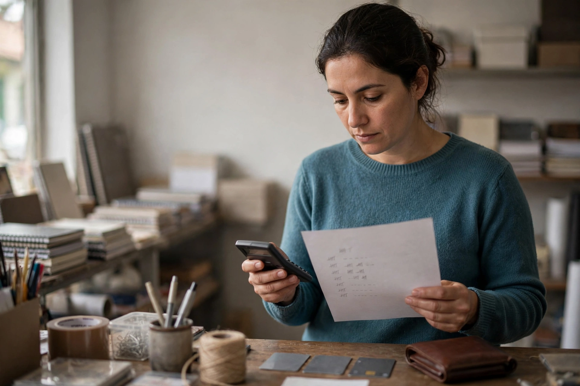 Mulher calcula custos e compara formas de pagamento em uma papelaria.