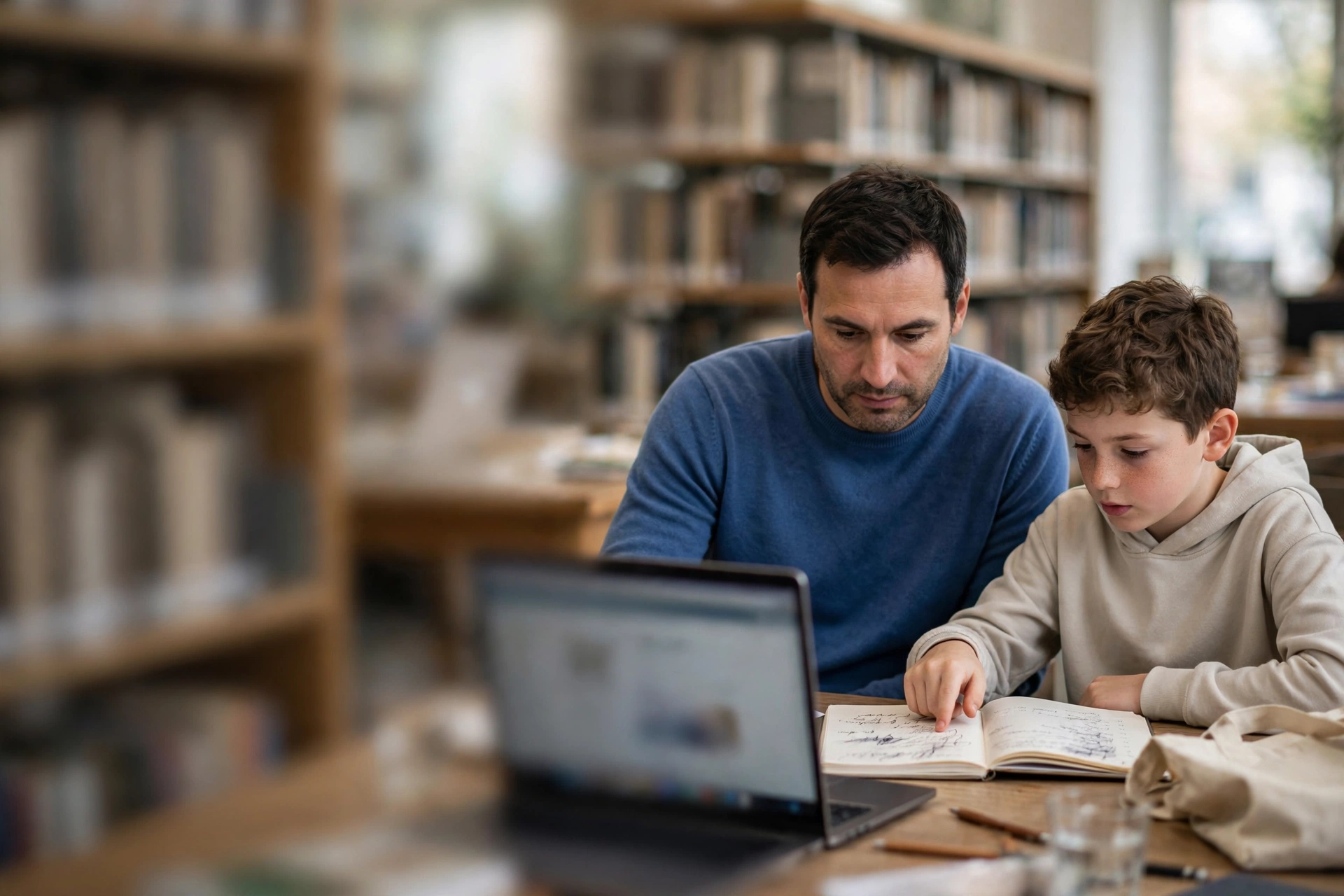 Pai e filho pesquisam locais de atendimento em um computador de biblioteca.