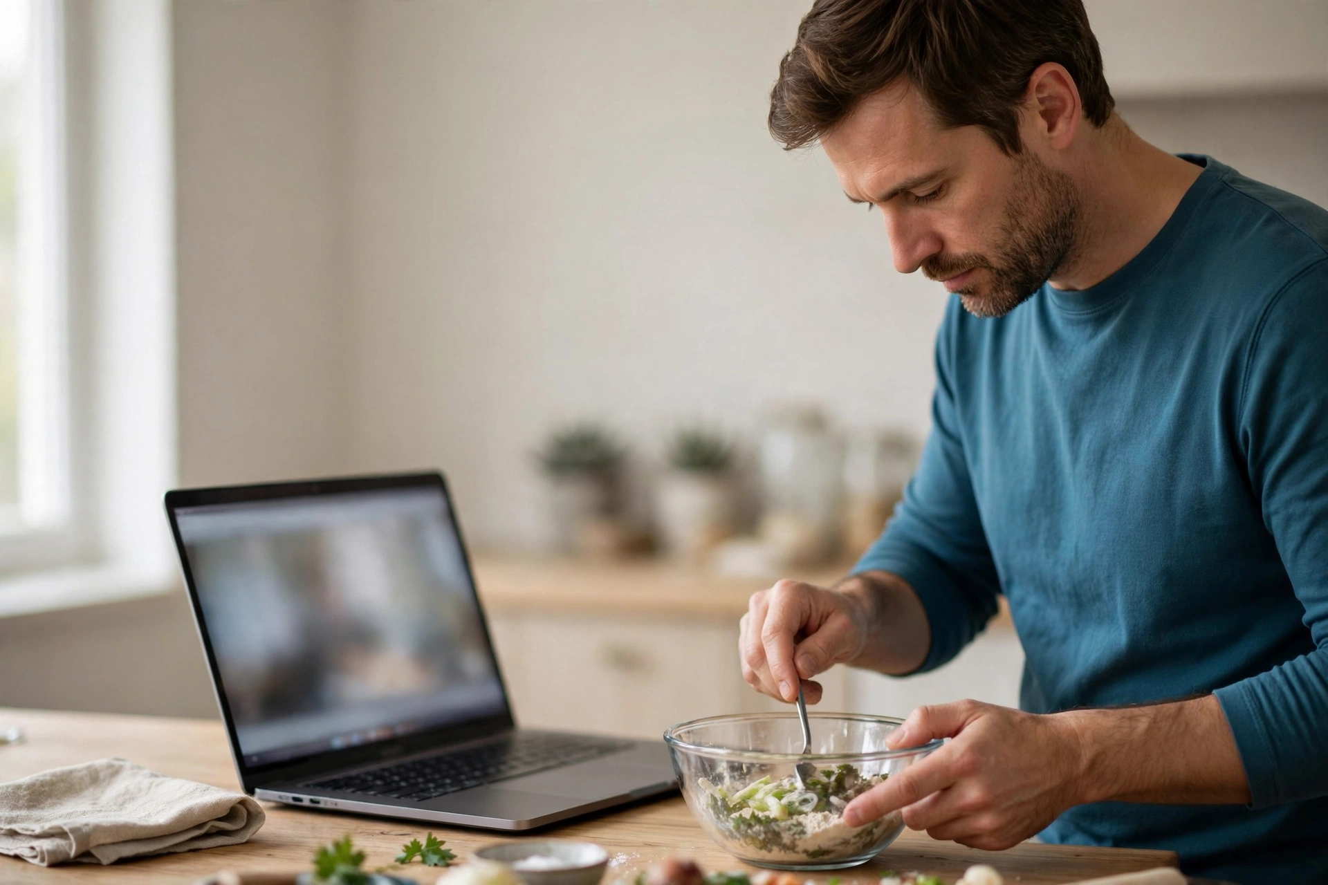 Homem segue uma aula de culinária no notebook enquanto prepara uma receita na cozinha.