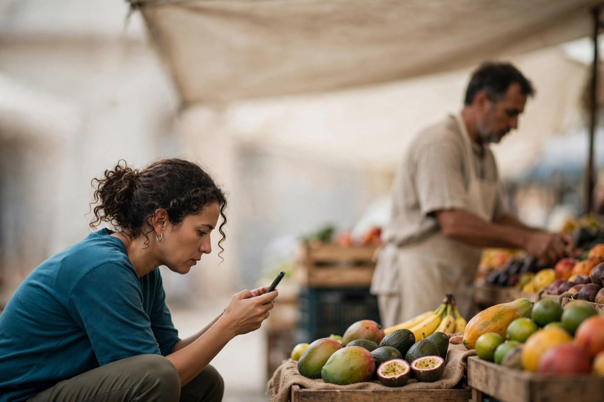 Pesquisadora fotografa frutas em uma feira para reunir dados de um projeto de inteligência artificial.