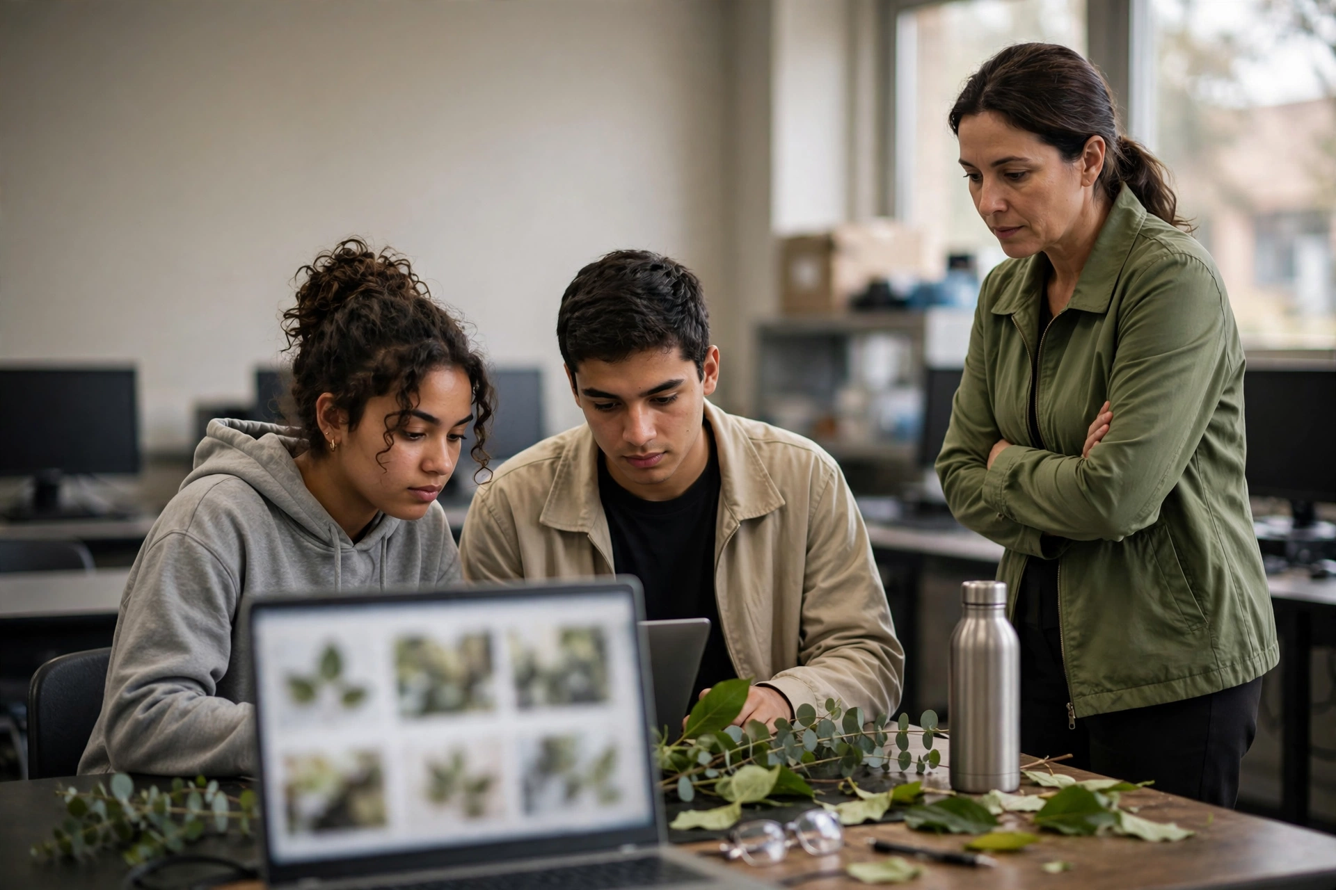 Alunos testam um projeto inicial de classificação de imagens de plantas em um laboratório de informática.